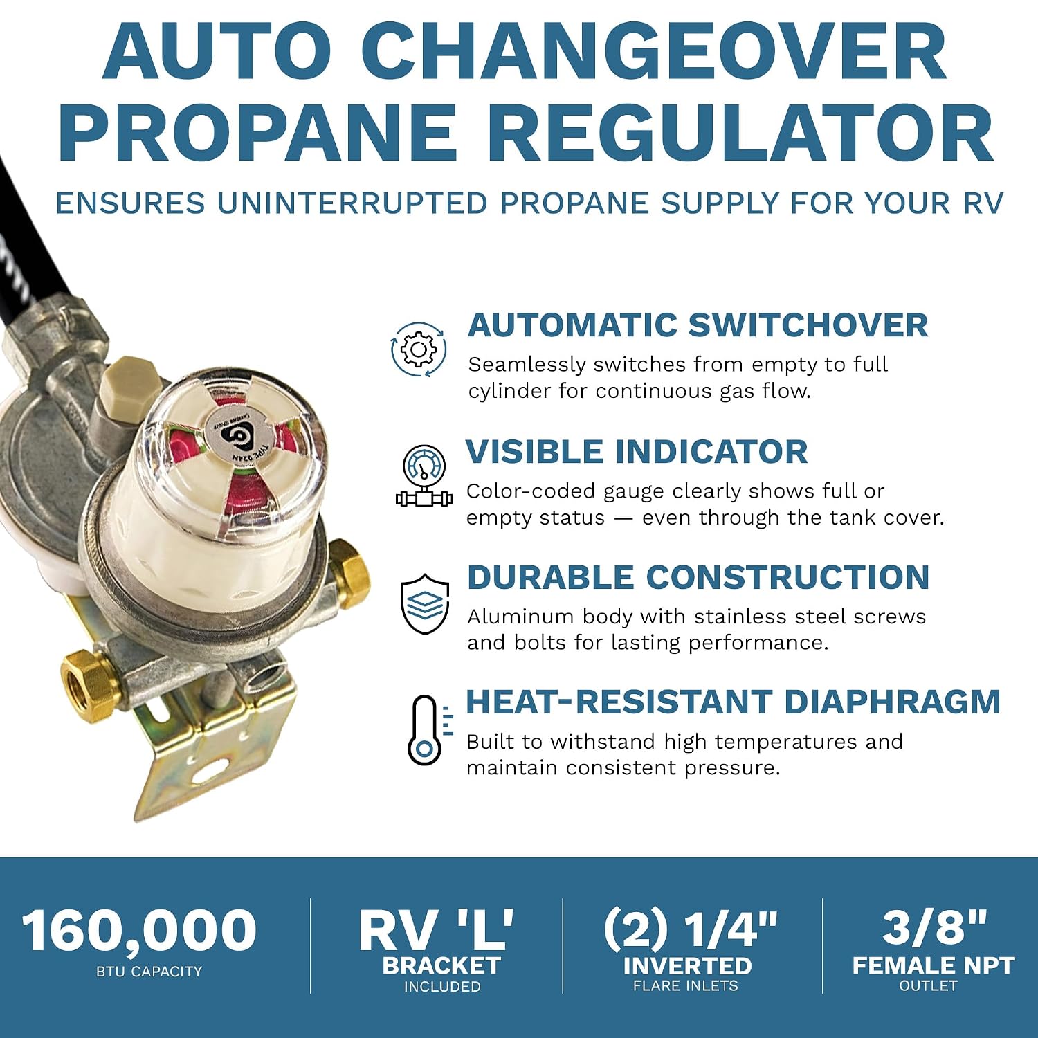 Kosan 924N RV Propane Regulator for RV Trailer, Auto Changeover Dual Cylinder Setup, 160000 BTU Capacity