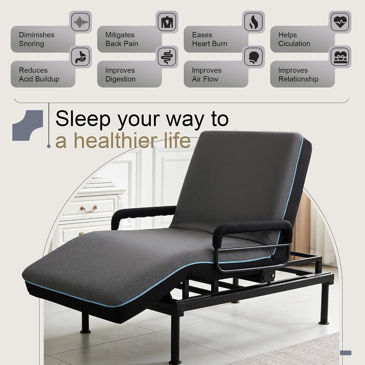 Electric Lift Bed for Elderly, Remote Control Adjustable Bed with 5.91" Mattress, Quiet Motor and Removable Tray, Zero Gravity Position Bed Frame Suitable for Hospital/Home Care