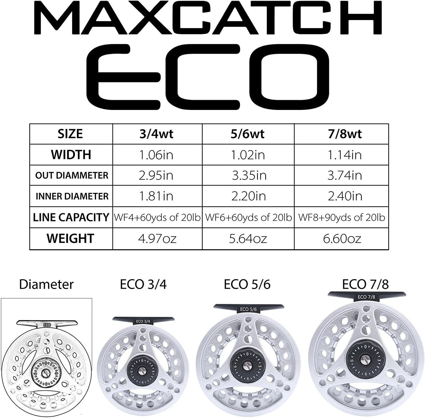 M MAXIMUMCATCH Maxcatch ECO Large Arbor Fly Fishing Reel (3/4wt 5/6wt 7/8wt) and Pre-Loaded Fly Reel with Line Combo