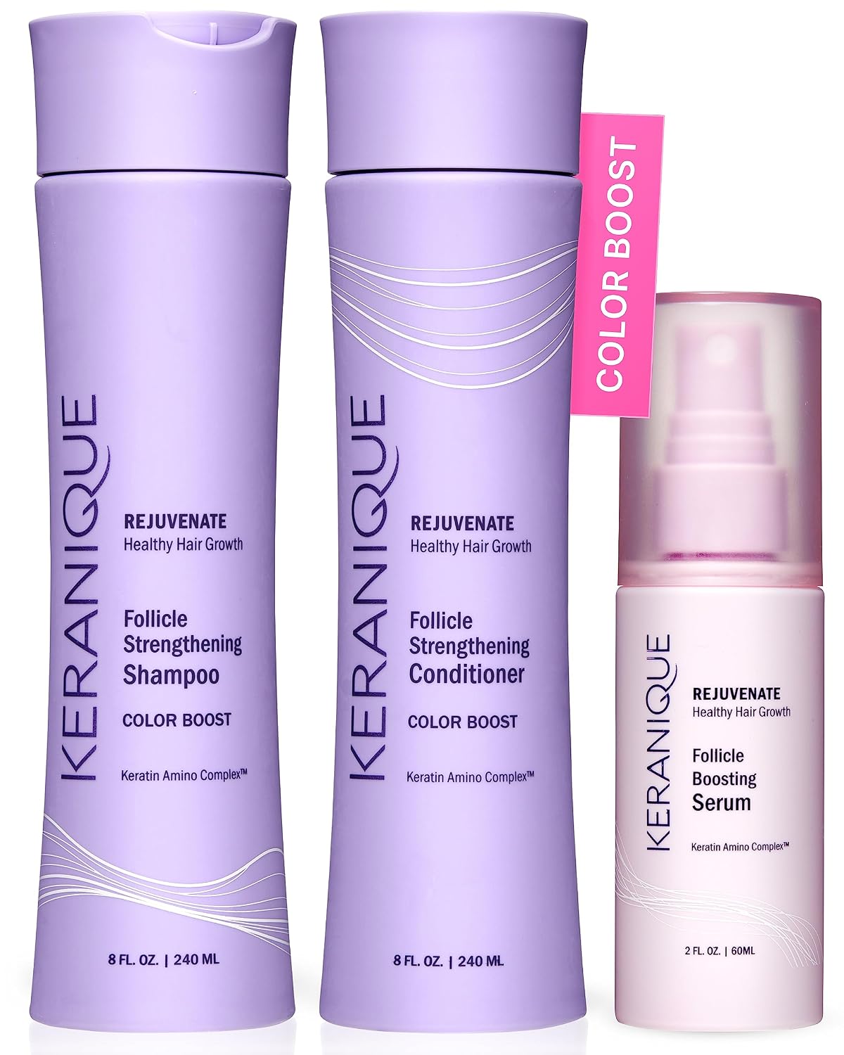 Keranique Color Treated Shampoo and Conditioner Set with Follicle Booster Hair Serum - Keratin Enriched Color Boost Set w/Shampoo