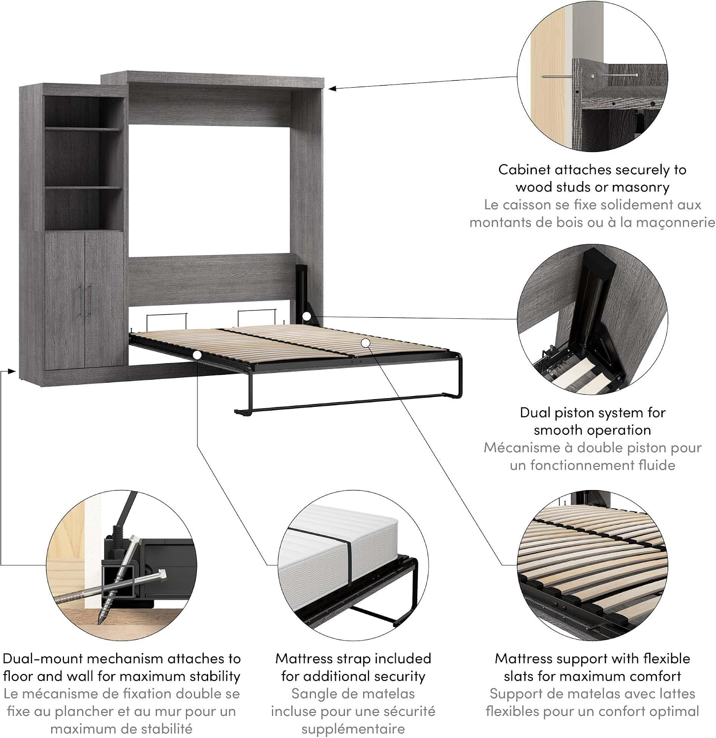 Bestar Nebula Queen Murphy Bed with Closet Organizer with Doors (90W) in Bark Gray, Sleeping Arrangement and Wardrobe for Multipurpose Room