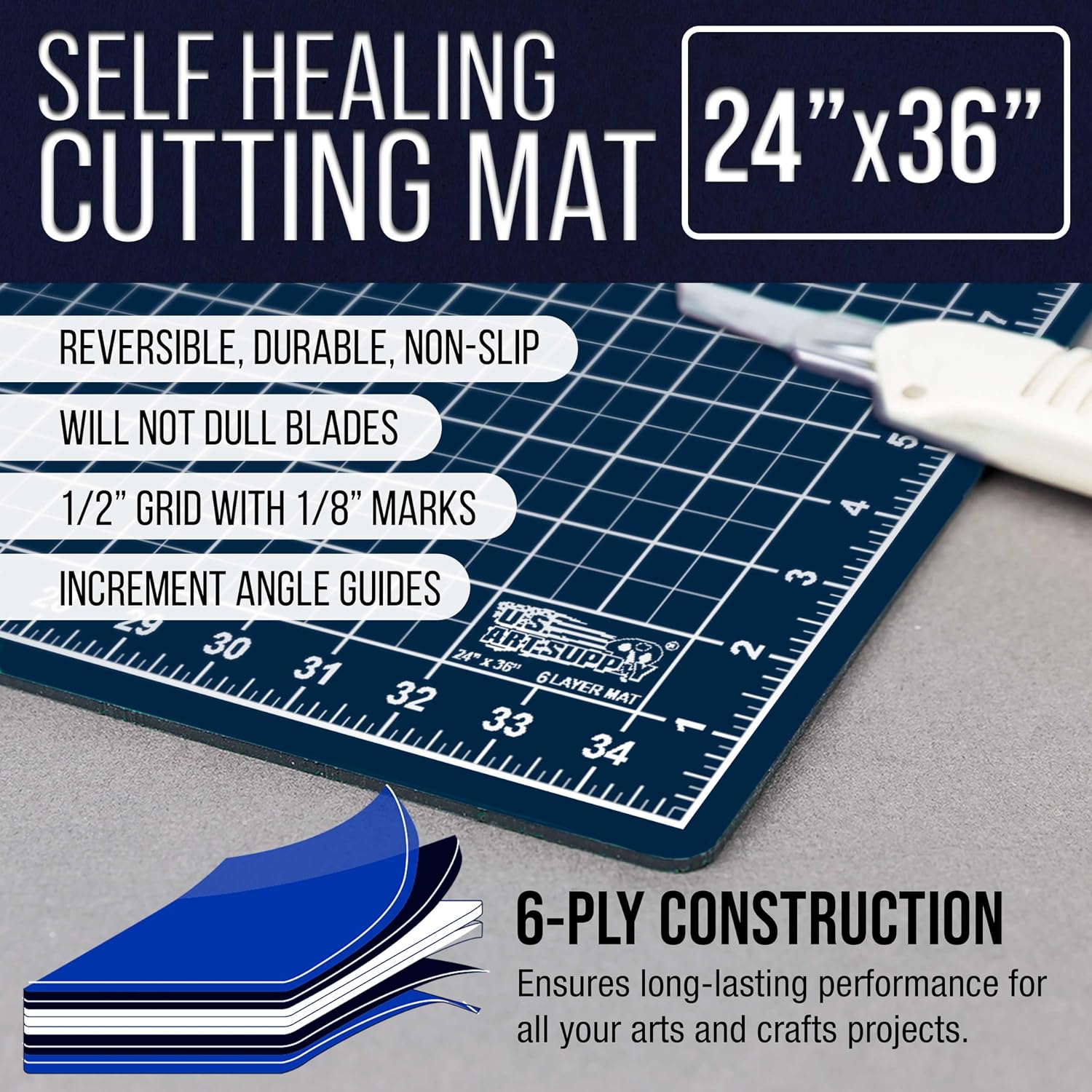 U.S. Art Supply 24" x 36" Self-Healing Cutting Mat 5-Ply - Double-Sided White/Blue Craft Mat, Non-Slip Cutting Mats for Crafts, Sewing, Quilting, Scrapbooking | Double-Sided White/Blue Craft Mat, Non-Slip Cutting Mats for Crafts, Sewing, Quilting, Scrapb…