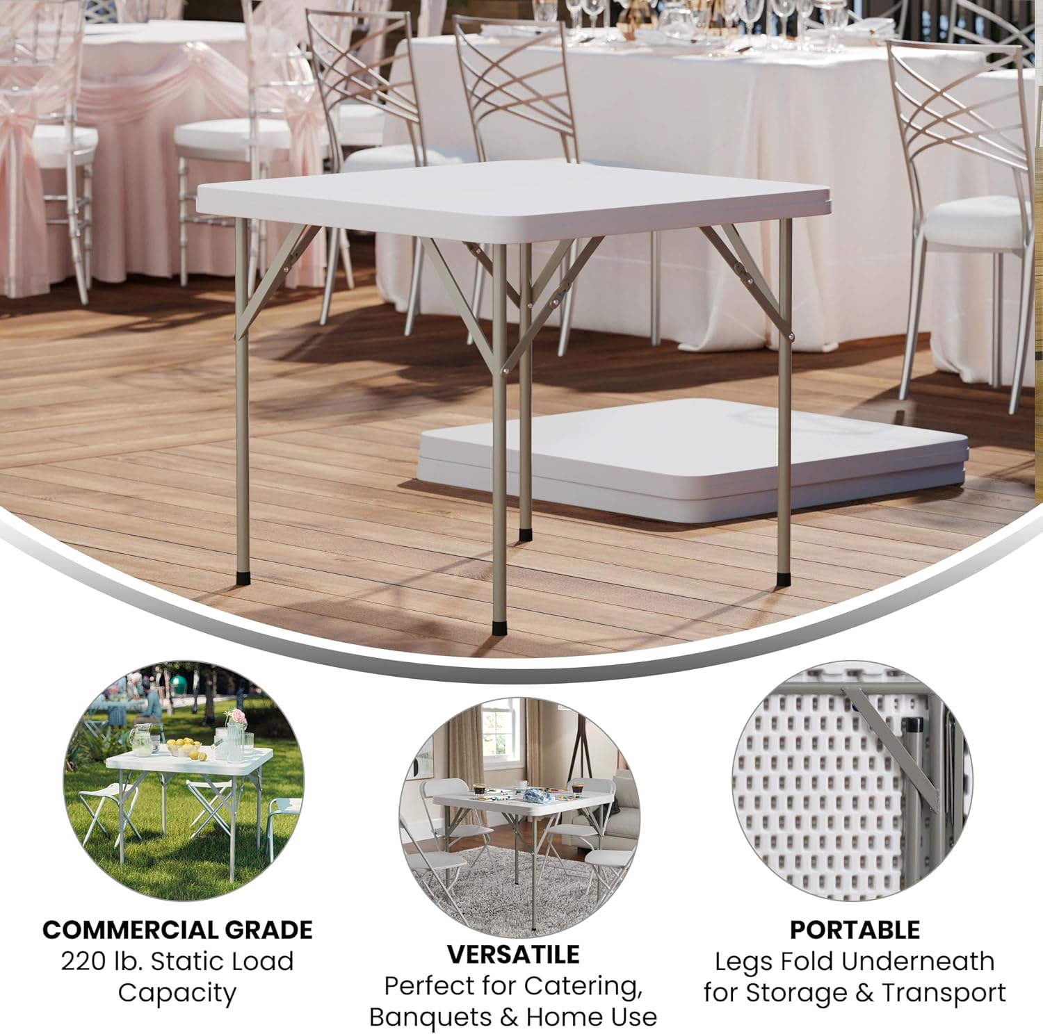 Flash Furniture Elon 2.85' Square All-Occasion Plastic Folding Event Table with Locking Legs, Folding Banquet Table for Indoor/Outdoor Events