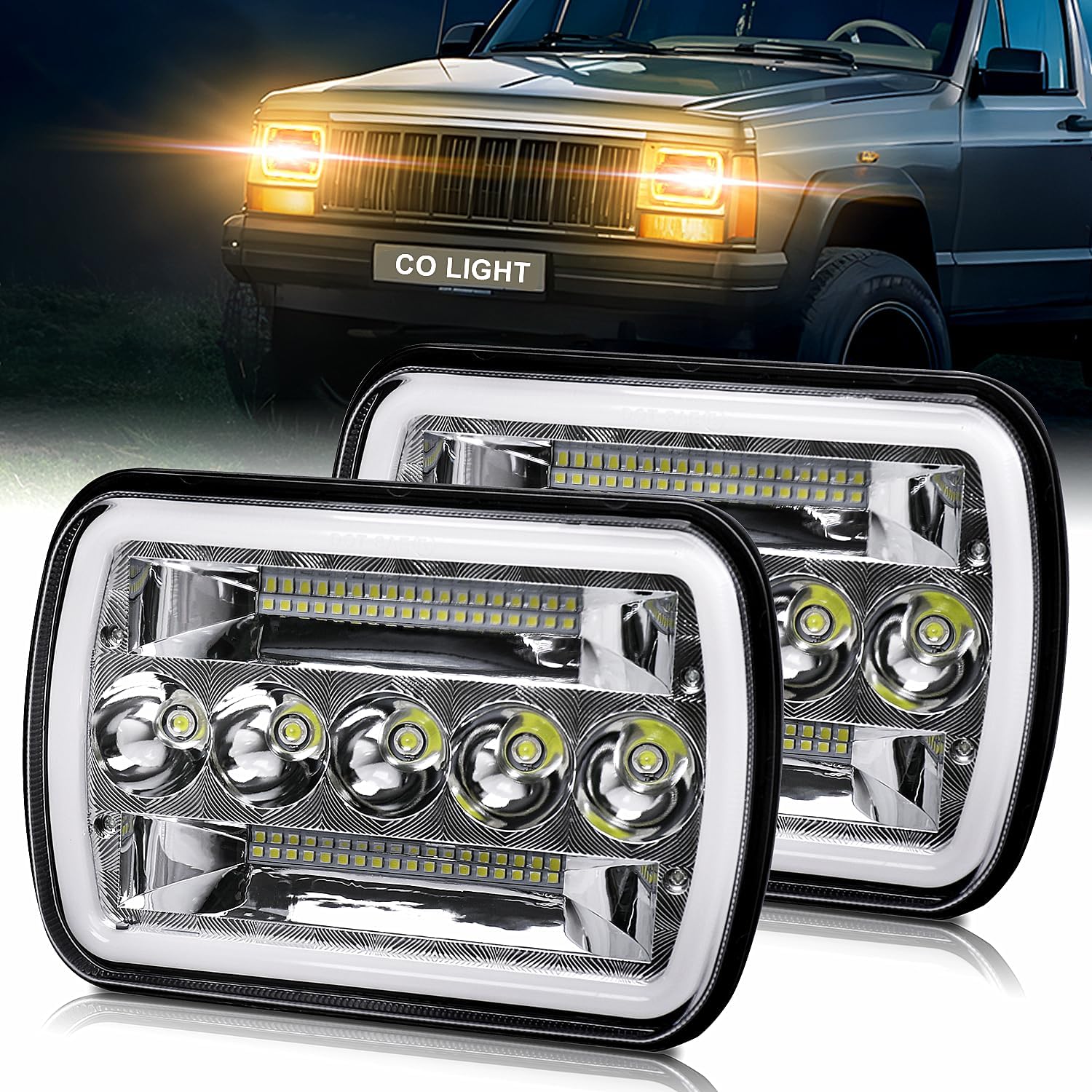 CO LIGHT 2PCS 7x6 5x7 LED Headlights, Angel Eyes Cool Halo, White & Amber DRL with Turn Signal