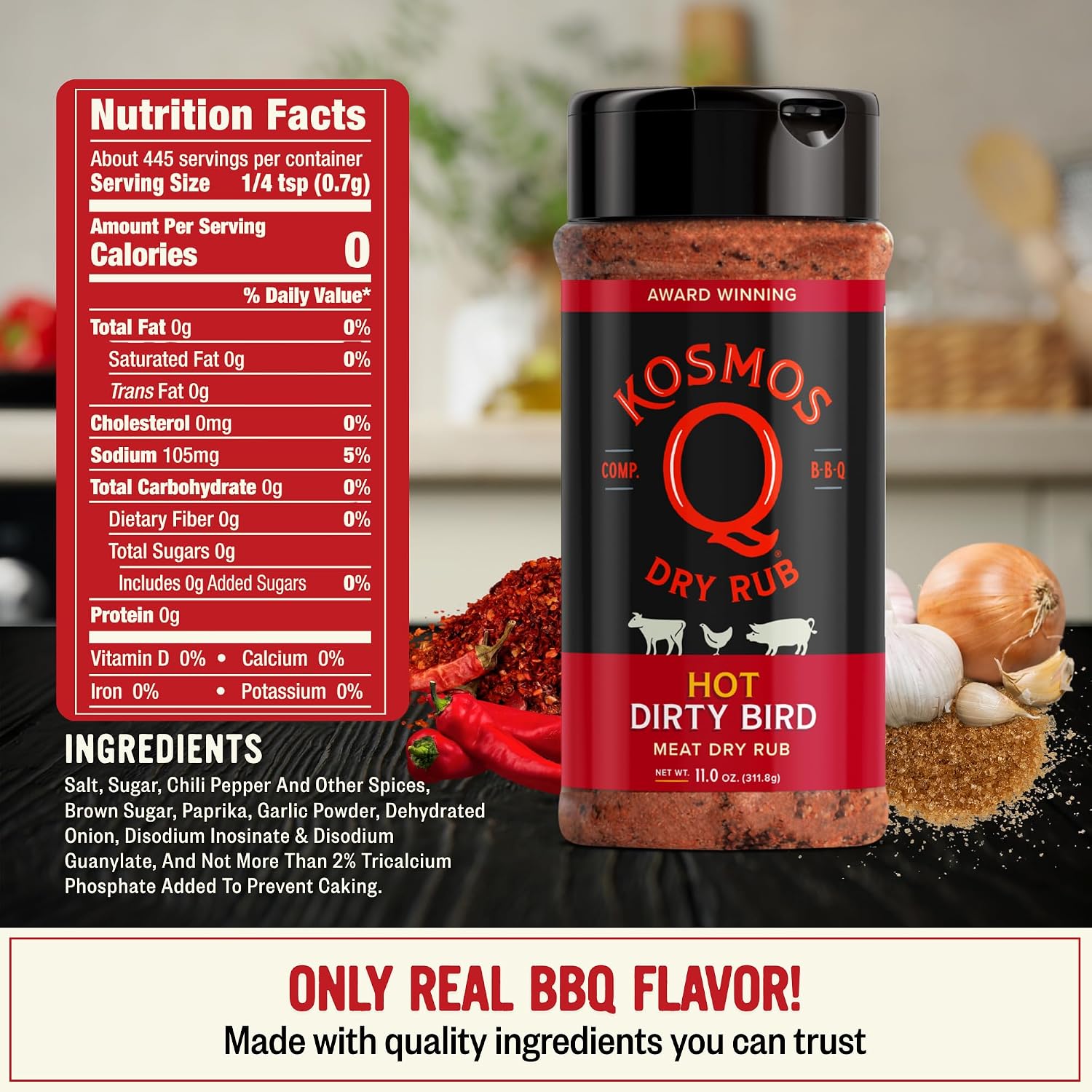 Kosmos Q Hot Dirty Bird BBQ Dry Rub, Spicy Seasoning with Chili Pepper, Brown Sugar, Garlic & Onion for Chicken, Turkey, Ribs, Pork, Dry Rub for Smoking & Grilling Meat, BBQ Spice Blend, 11 Oz Bag