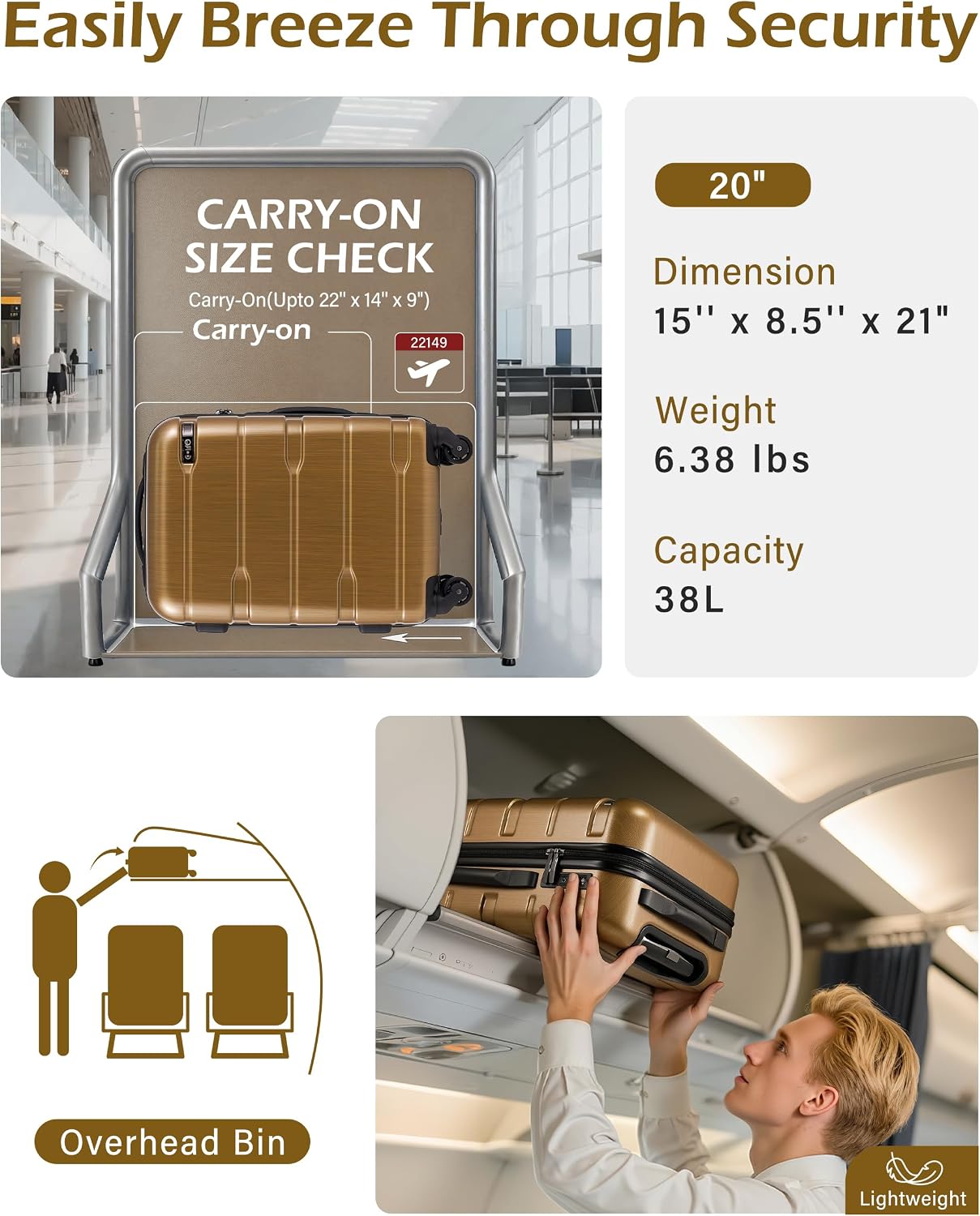 Coolife Medium Checked Luggage Hardside Suitcase with Spinner Wheels, 24in | Lightweight ABS+PC, Rolling Travel Suitcase with TSA Lock, Spinner Wheels, Durable Zipper, Charcoal