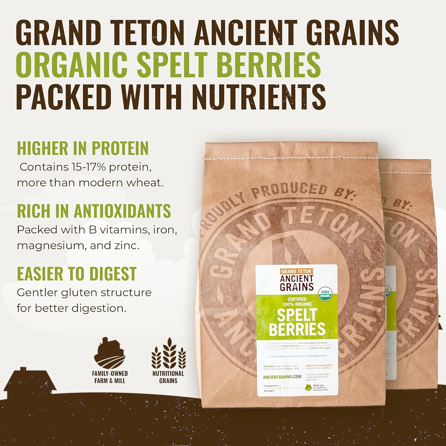 Grand Teton Ancient Grains - 100% Organic Spelt Berries, Whole Unmilled Spelt Berries, US-Grown Farro Organic Grain, Nutritious Baking Staple