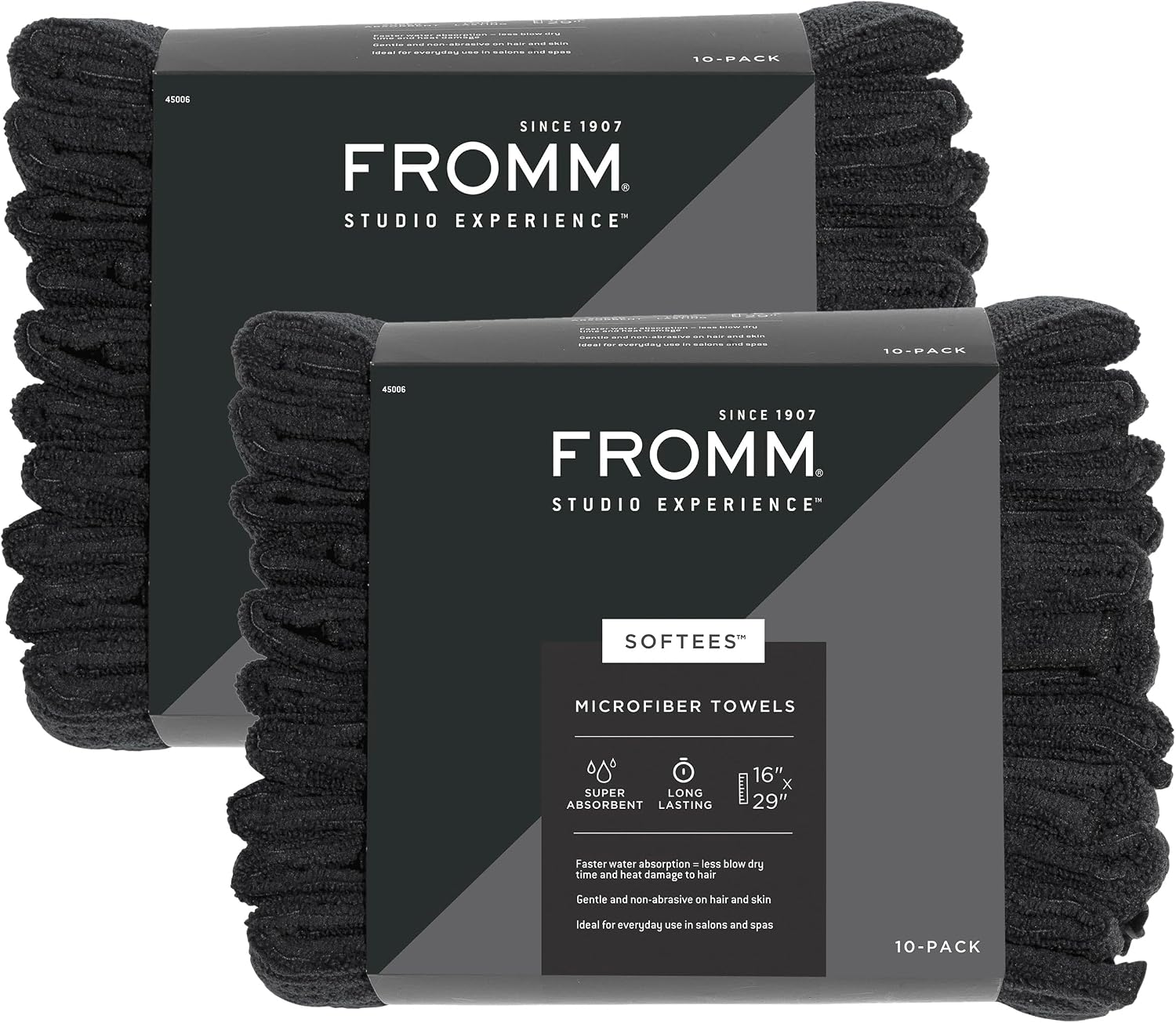 Fromm Softees Microfiber Hair Towels, Absorbent Salon Hair Towels for Hairstylists, Barbers, Spa & Gym, Fast-Drying, Ultra-Soft, Lint-Free, Multi-Purpose Towels, 16" x 29"- 10-Pack - Black
