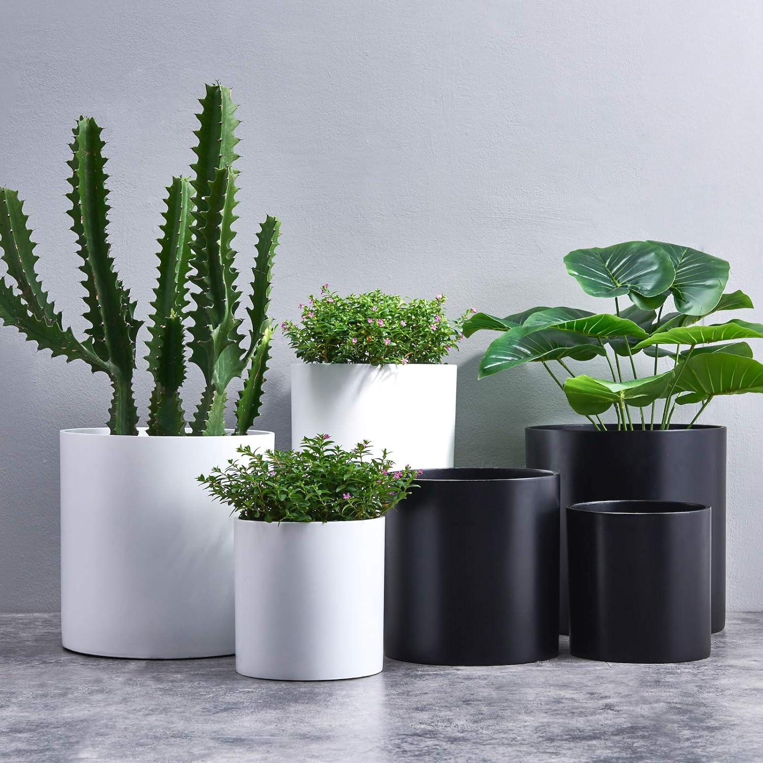 FaithLand 14 Inch Fiberstone Planter - Lightweight Modern Cylinder Plant Pot with Drainage Hole & Plug, Indoor Outdoor Use, Matte White