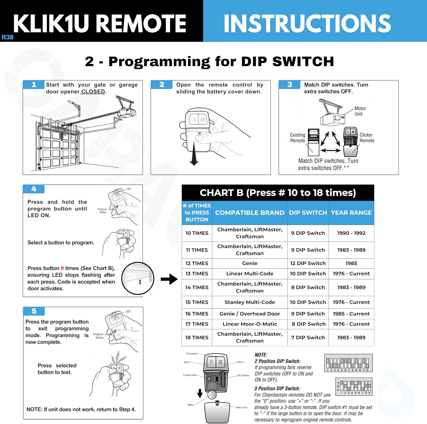 2X Universal Garage Door Opener Remote KLIK1U 375UT 375LM Garage Clicker