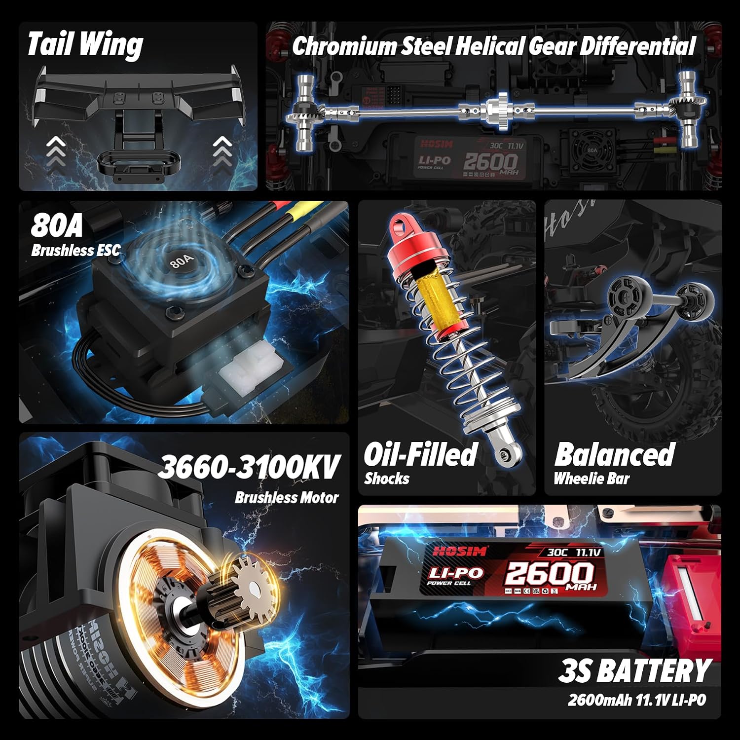 Hosim Mini 1:8 Brushless RC Cars for Adults, VEXARO 50+MPH Fast RC Trucks | 3660 3100KV Brushless Motor & 80A ESC, 2* 2600mAh 3S Lipo, Chrome Steel Central Transmission, All-Metal Oil-filled Shocks