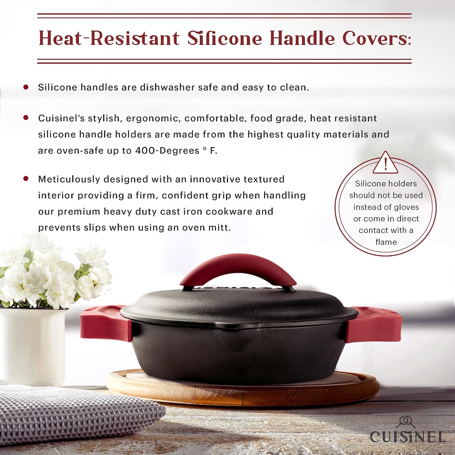 Cuisinel Cast Iron Skillet with Lid - 10"-Inch Pre-Seasoned Frying Pan + Glass Cover + Heat-Resistant Handle Holder - Indoor/Outdoor Use - Grill, Stove, Camp Firepit, Induction - Oven Safe Cookware