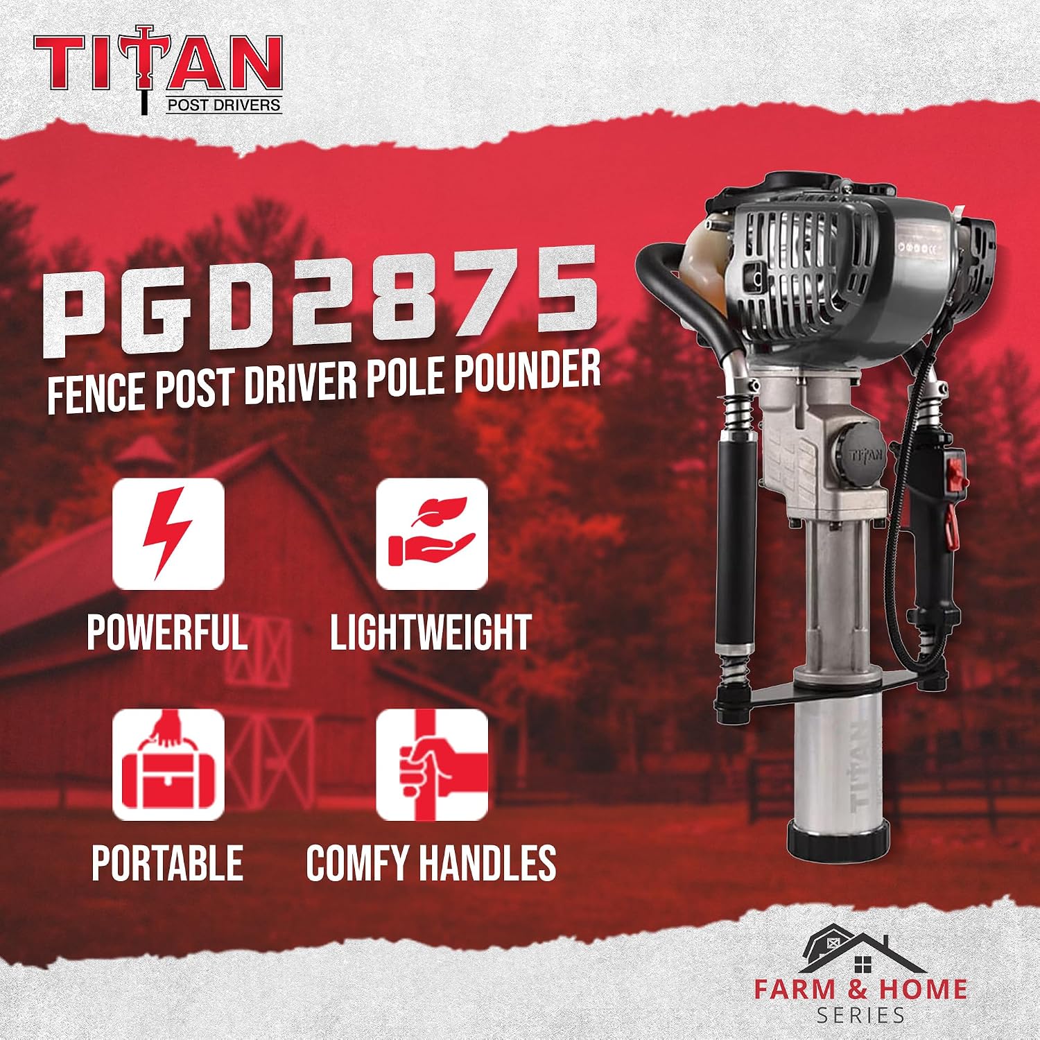 PGD2875 Titan Gas Powered Post Driver | Fence Post Pounder, 30 lb Lightweight Portable Driver, 1,500–2,000 BPM, Fits Up to 3" Posts