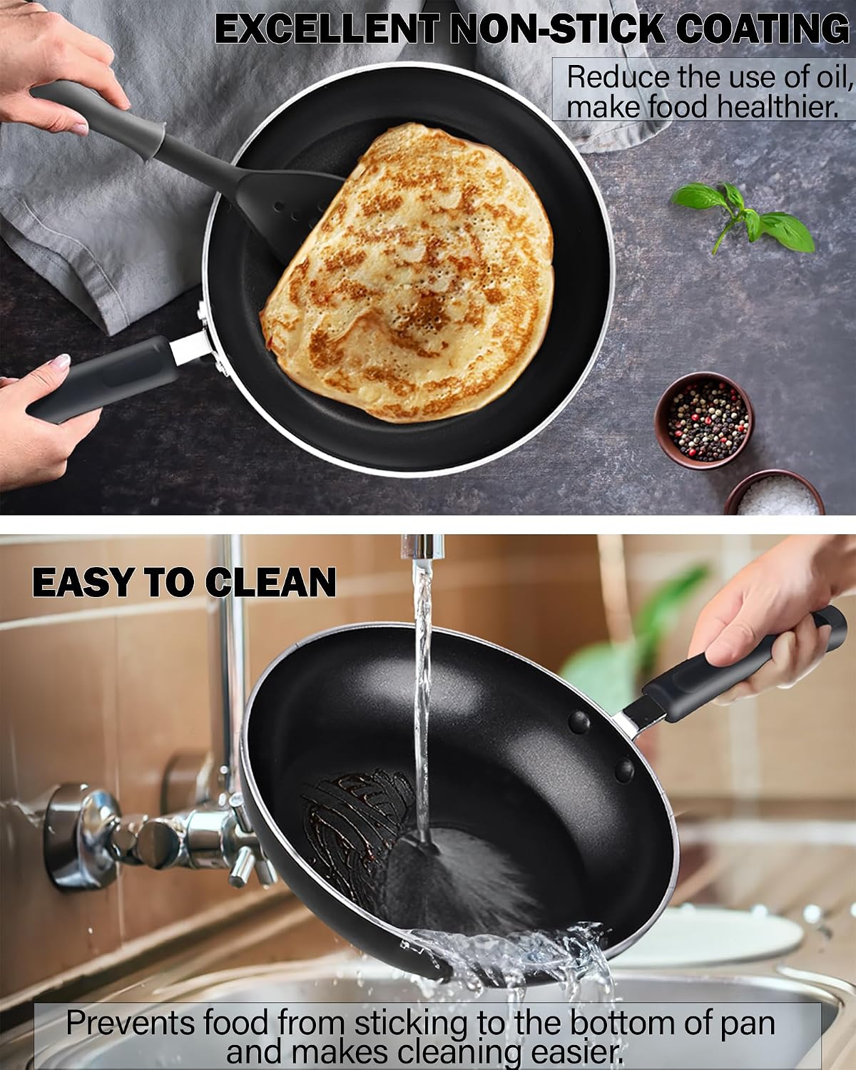 Cook N Home 8-Piece Nonstick Pot and Pan Set with Lid Induction Compatible | Cookware Set Includes Saucepan with Lid, Stockpot with Lid, Frying Pan, Kitchenware set Non Stick, Black