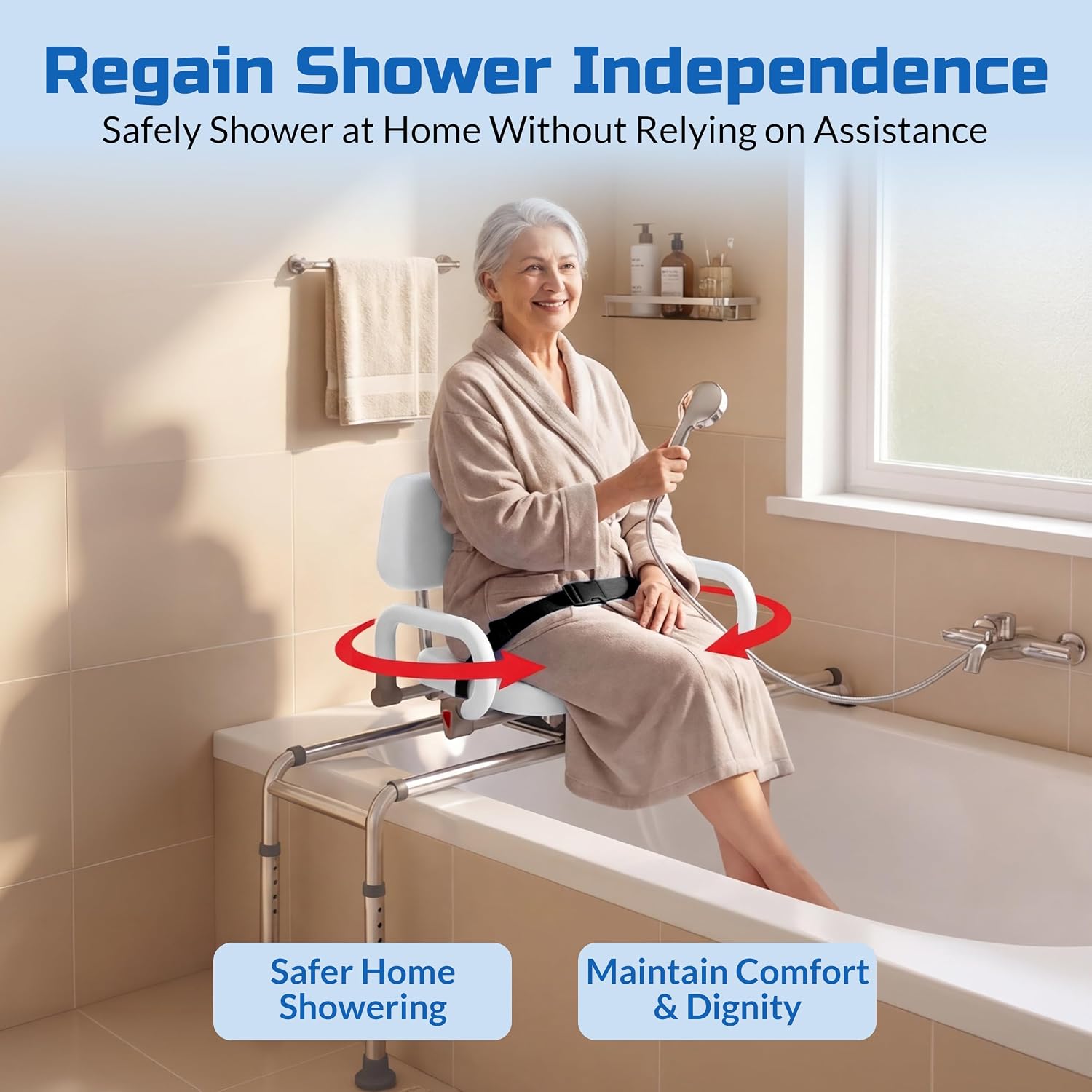 Carousel Sliding Shower Chair Tub Transfer Bench with Swivel Seat Elderly | Slide Safely In & Out of the Tub - Blue, padded seat, padded armrests, swivel seat, backrest, portable, tool-free assembly