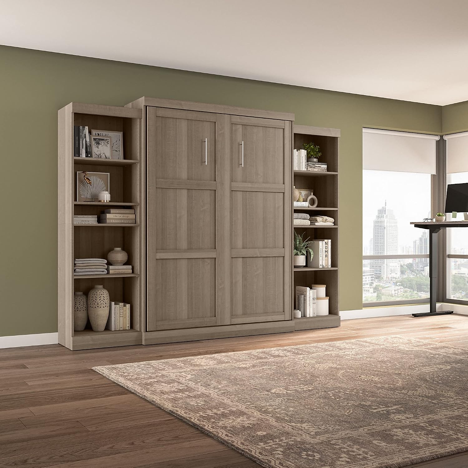 Bestar Pur Full Murphy Bed and 2 Shelving Units with Drawers, 109-inch Space-Saving Sleeping Arrangement in White | 2 Shelving Units with Drawers; supports up to 1000 lb; min. ceiling height 86.4 in.; dual piston mechanism; 10-year warranty