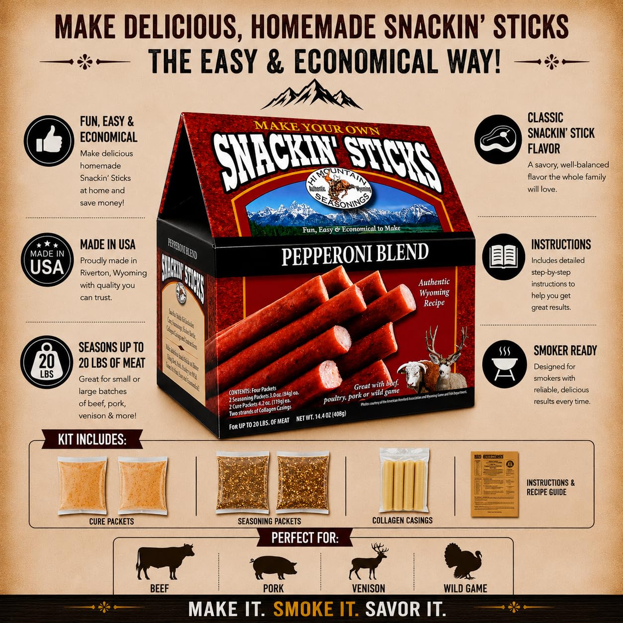 Hi Mountain Snack Stick Seasoning Kit | ORIGINAL | Makes 20 lbs | Complete Snack Stick Kit, Seasoning, Cure, Casings, & Directions Included, For Beef, Deer, Elk, Venison & Wild Game Meat