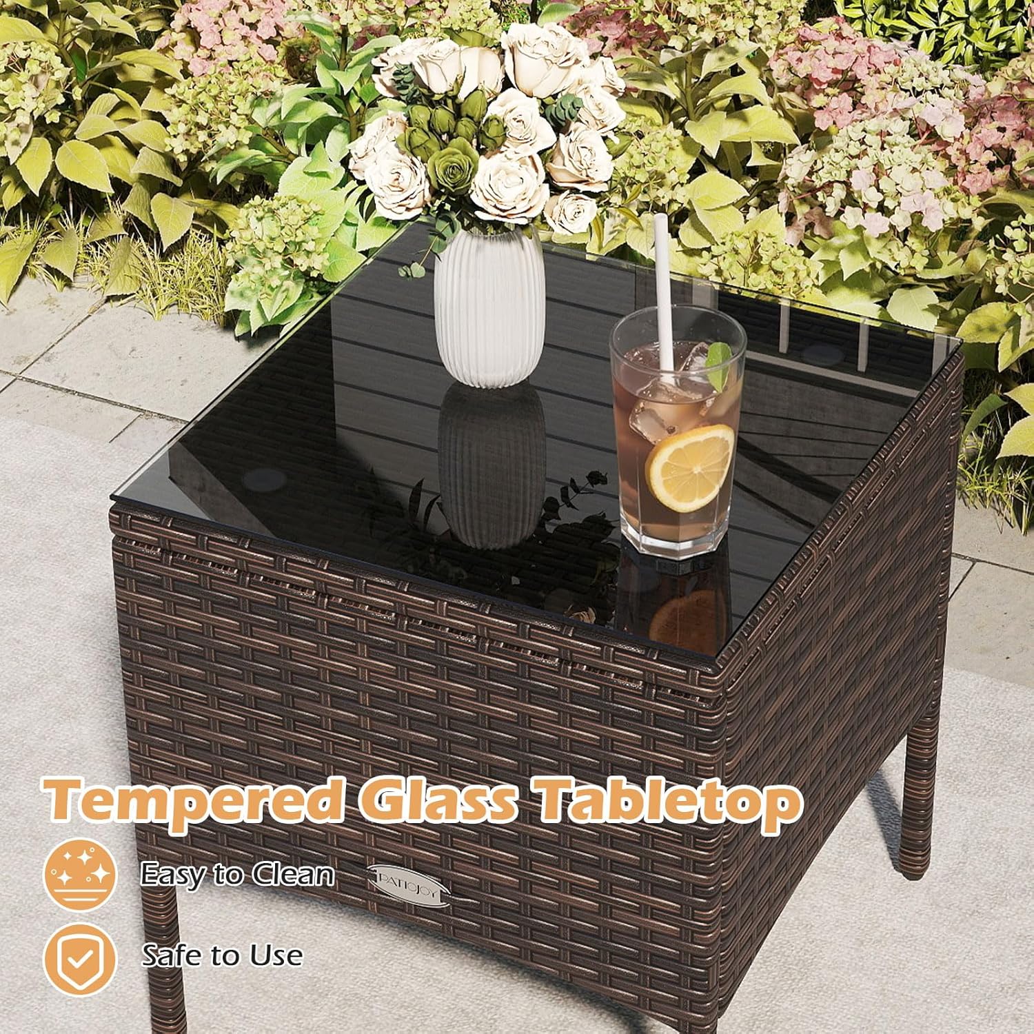 Tangkula 3 Piece Outdoor Patio Furniture Set, Wicker Chairs Set with Glass Top Coffee Table, Thick Cushions