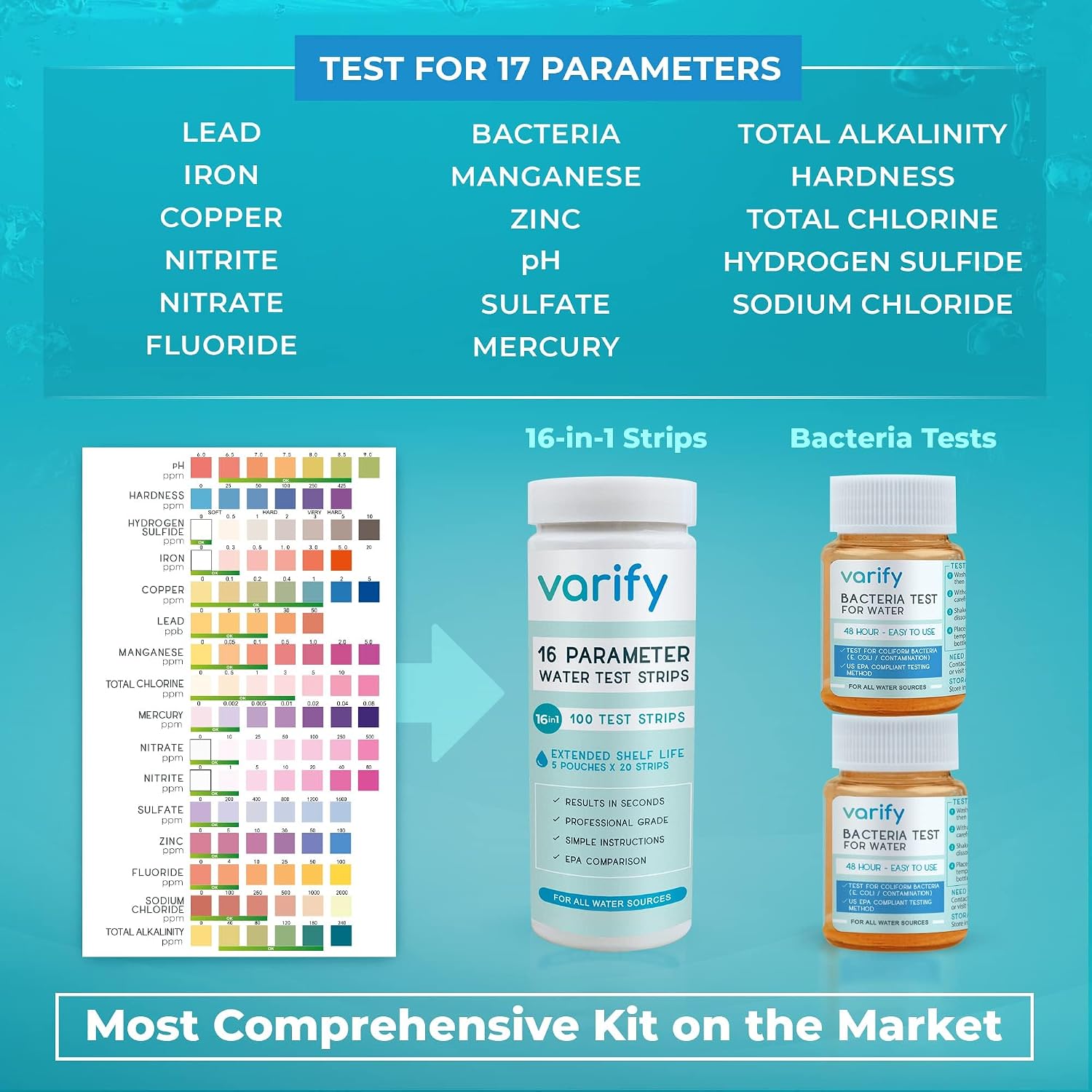 Varify 17in1 Complete Drinking Water Test Kit - 100 Strips + 2 Bacteria Tester Kits - Well, Tap, Home, City Water Testing Strip for Lead, Alkaline