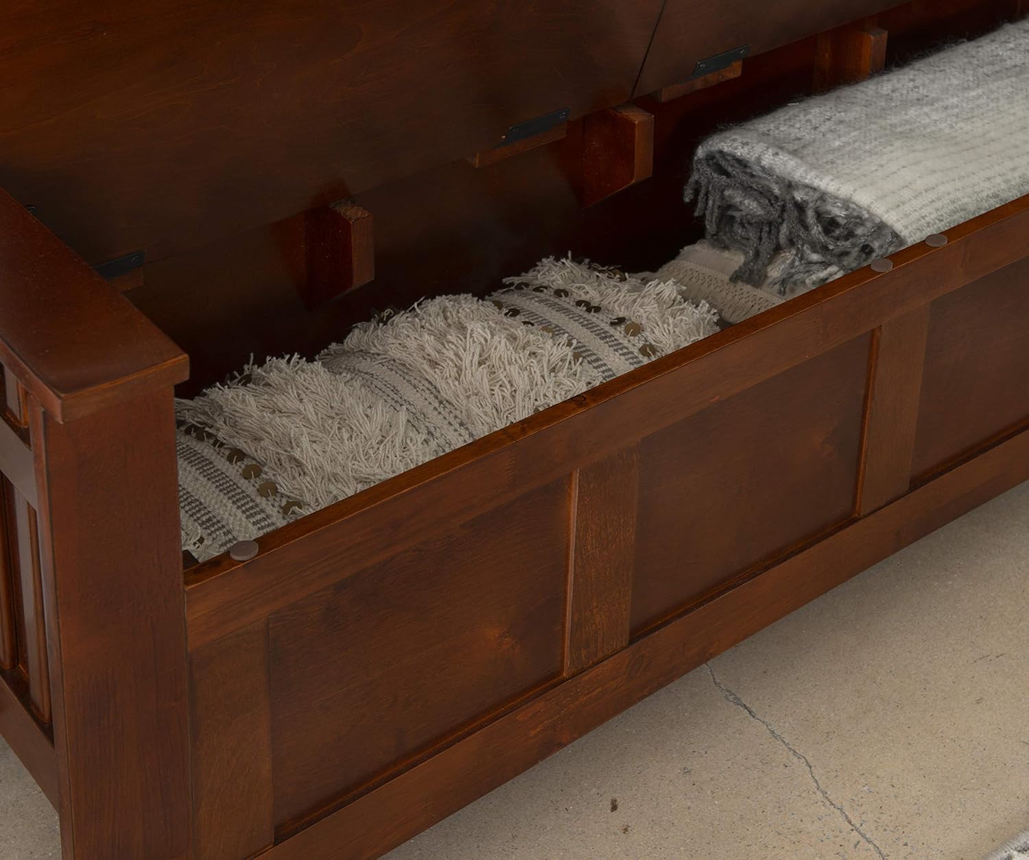 Linon Home Decor Storage Bench with Short Split Seat Storage, Walnut, 50 inchw x 17 inchd x 25.25 inchh.