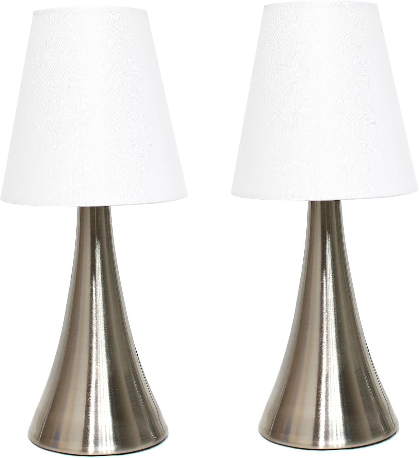 Simple Designs LT2014-WHT-2PK Valencia Brushed Nickel Mini Touch Table Lamps with Fabric Shades, White (Pack of 2)