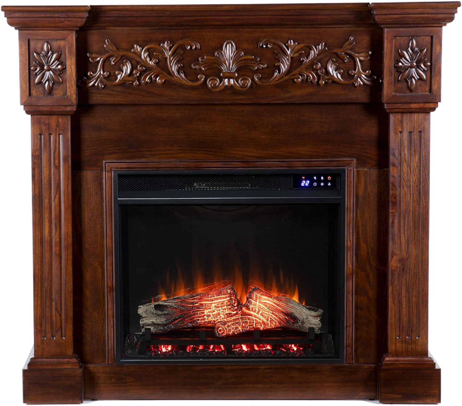 SEI Furniture Calvert Electric Fireplace with Carved Floral Trim, New Espresso