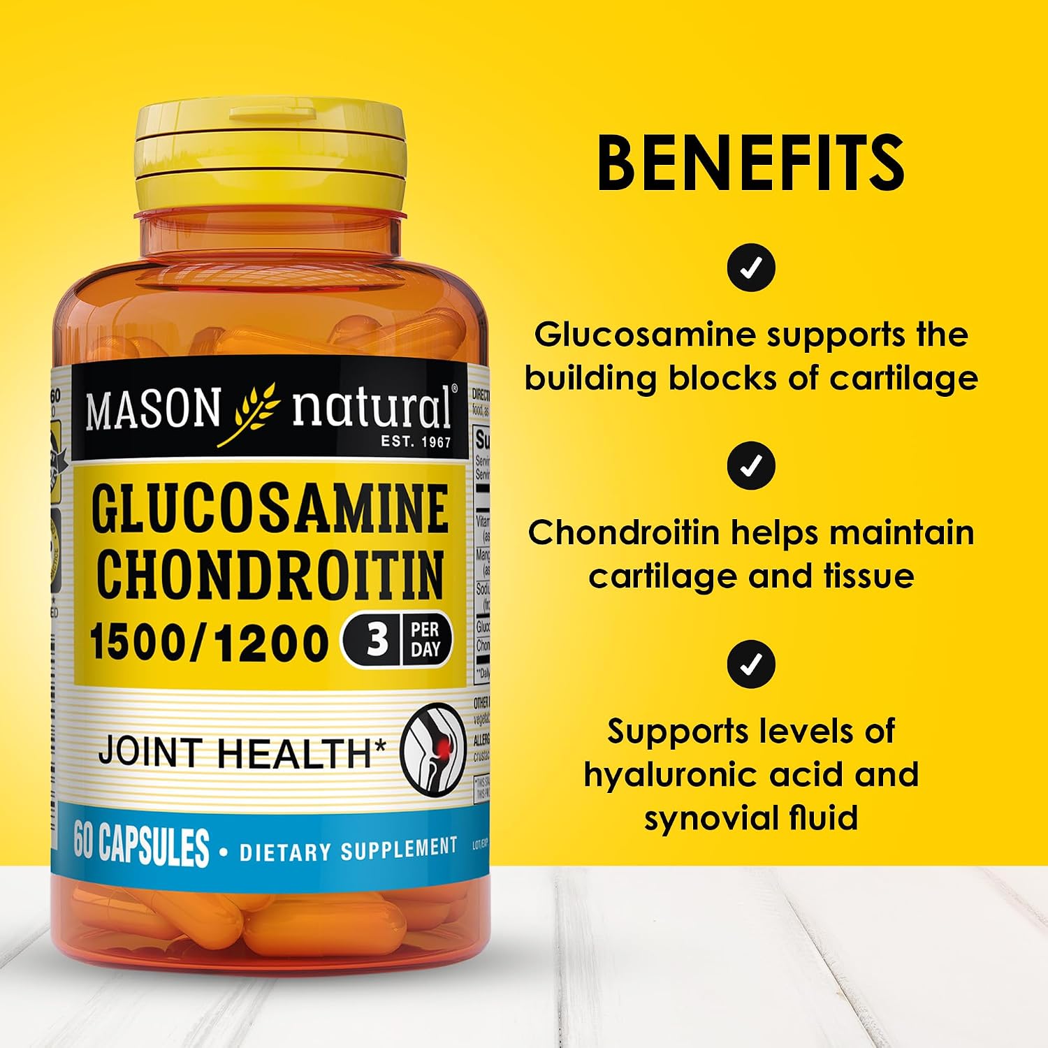 MASON NATURAL Glucosamine Chondroitin 1500/1200 with Vitamin C, Supports Joint Health for Normal Flexibility & Mobility*, 60 Capsules