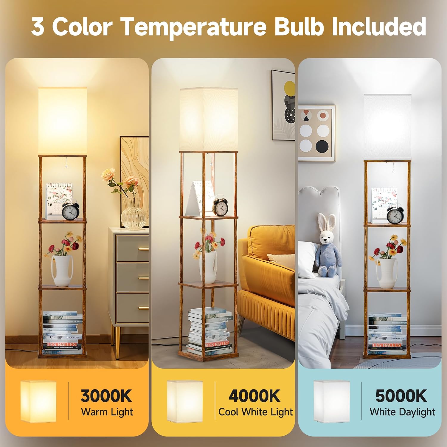 SHINE HAI Floor Lamp with Shelves, 3-Tier Square Modern Shelf Lamp