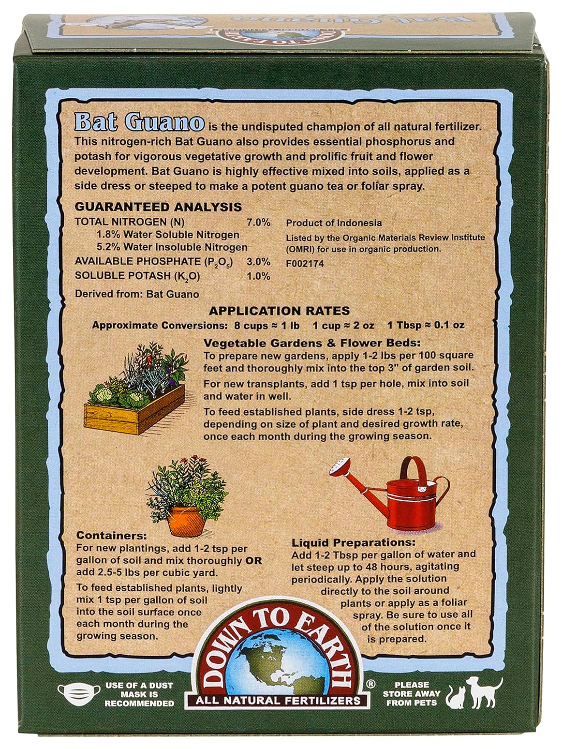 Down To Earth All Natural Fertilizers Organic Bat Guano - 7-3-1, 0.25 lb | High Nitrogen Plant Food for Rapid Vegetative Growth, Fast-Acting in Vegetable Gardens, Flower Gardens