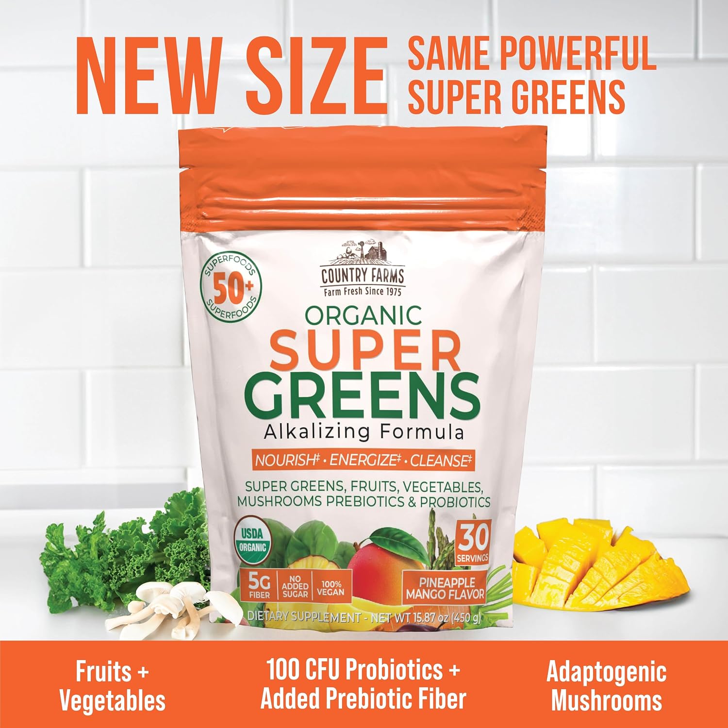 Country Farms Organic Super Greens Powder, Daily Greens Drink Mix with 50 Organic Superfoods, Fruits, Vegetables, Fiber, Mushrooms & Probiotics for Gut Health, Digestion & Energy, Berry Flavor