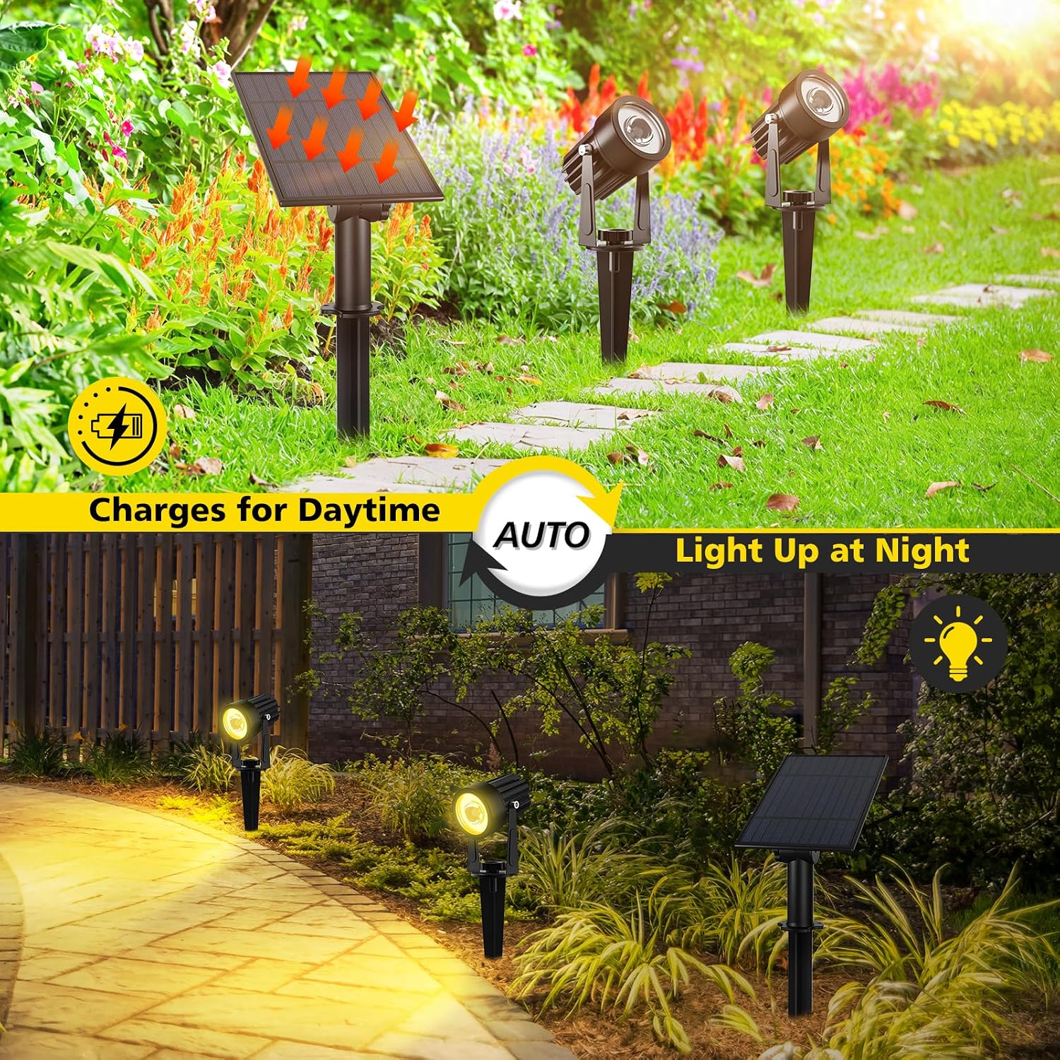 T-SUN Solar Spot Lights Outdoor, Dual Head Solar Spotlights, Cool White | IP65 Waterproof, 2 Brightness Modes, Dusk to Dawn Solar Uplights for Garden, Yard, Pathway, Patio, Lawn