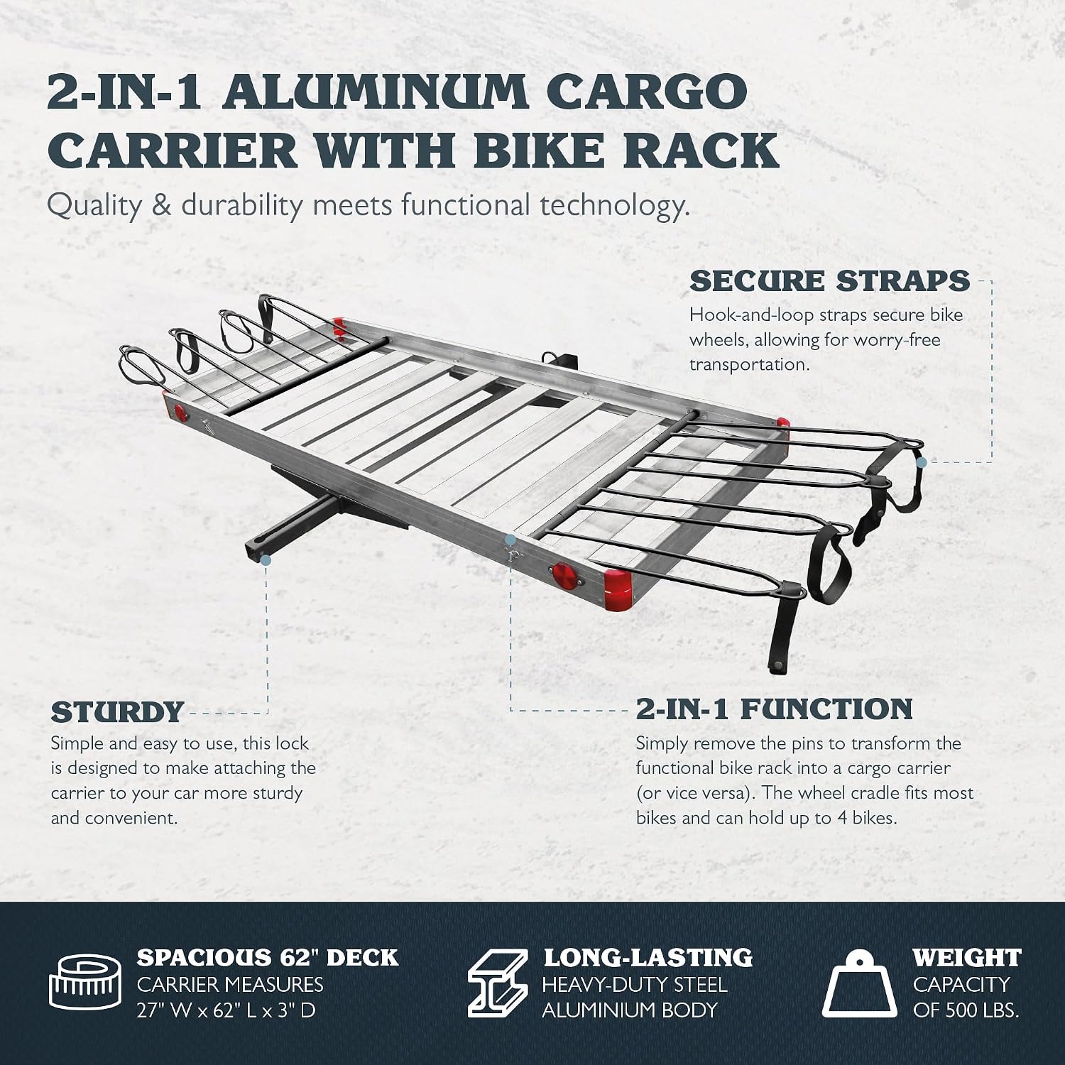Truck Hitch Cargo Carrier - 500 lb Aluminum 2-in-1 Rack, Silver | Fits 2 in Receivers, Holds 4 Bicycles, 62 x 27 x 3 in Platform, Wheel Mount Design