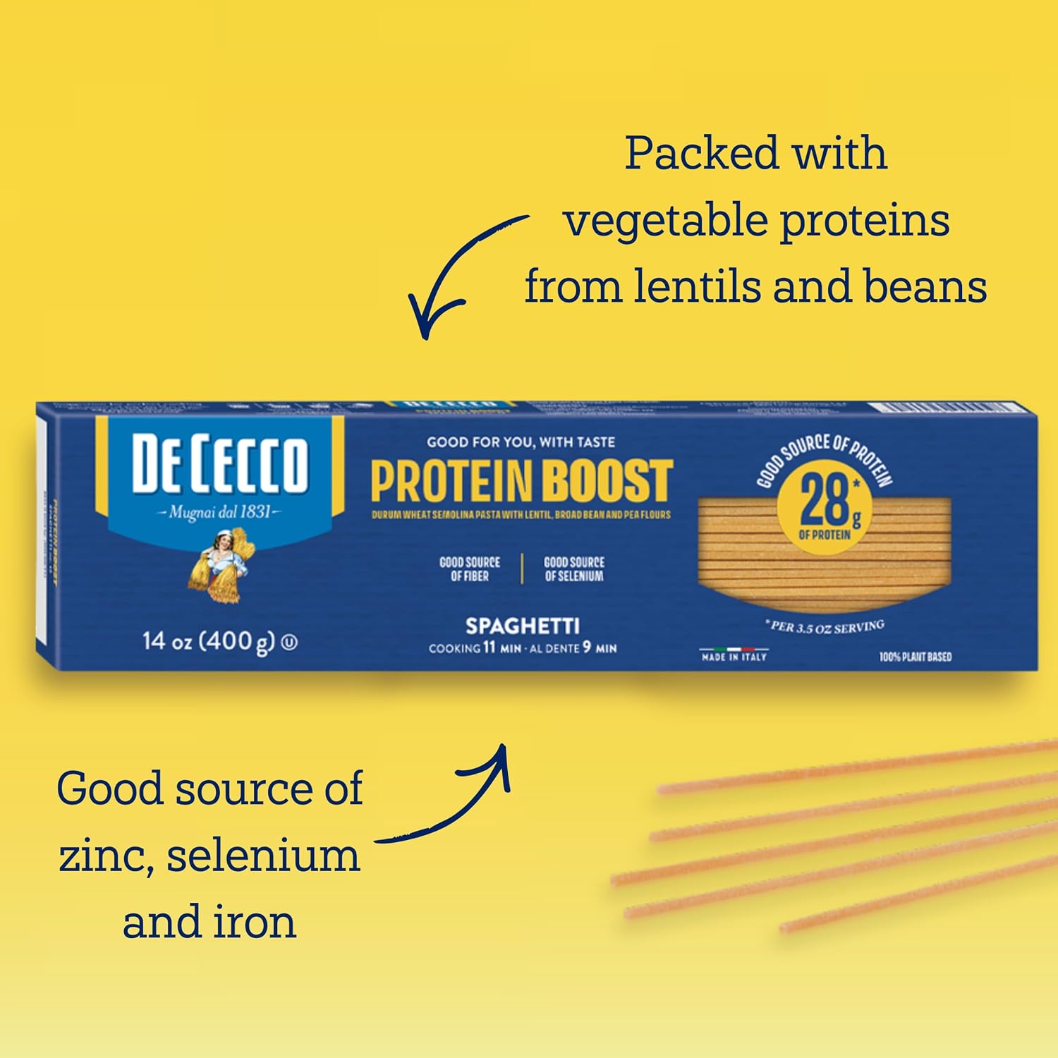 De Cecco Protein Boost Spaghetti No. 12 Pasta, 14 Oz | High Protein Noodles, 28g Protein, Made with Durum Wheat, Lentils & Beans, Vegan
