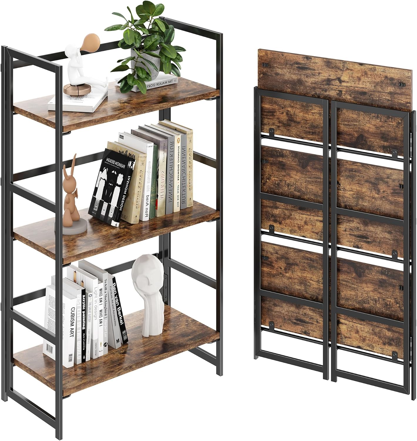Vintage Multifunctional Folding Bookshelf, No-Assembly Plant Stand Storage Rack Shelves for Home Office (Fire, 5-Tier)