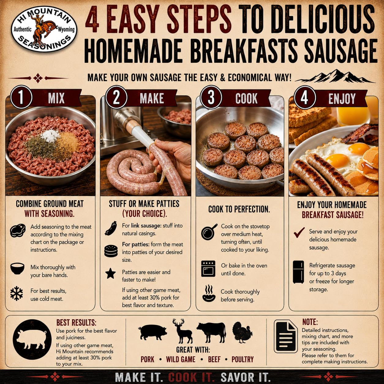 Hi Mountain Breakfast Sausage Seasoning | ORIGINAL MOUNTAIN MAN | 24 lbs | Hearty Old West mix for homemade pork, venison, deer, elk & wild game sausage patties or breakfast sausage links