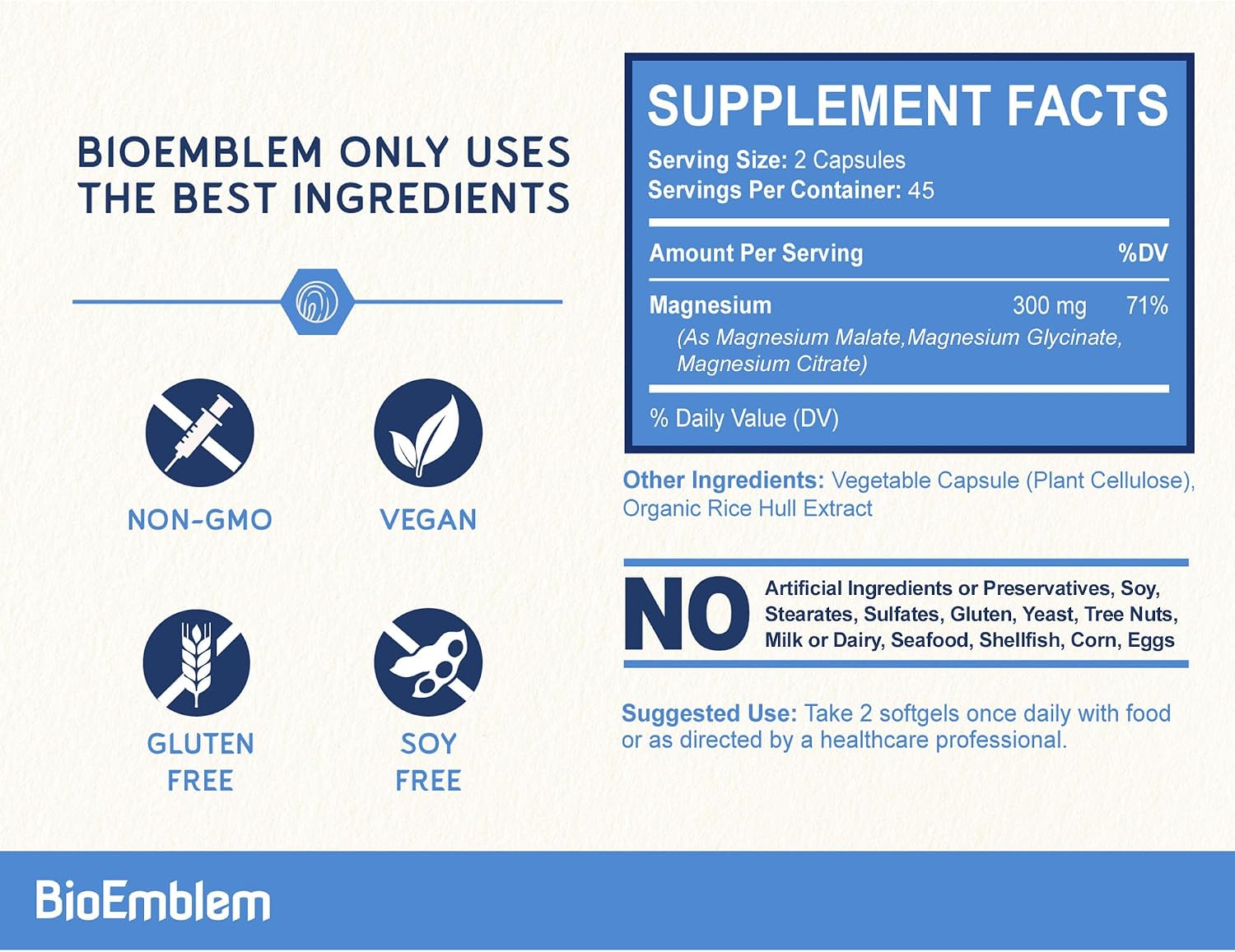 BioEmblem Triple Magnesium Complex | 300mg Magnesium Glycinate, Malate & Citrate | High Absorption Chelated Formula | Vegan, Non-GMO