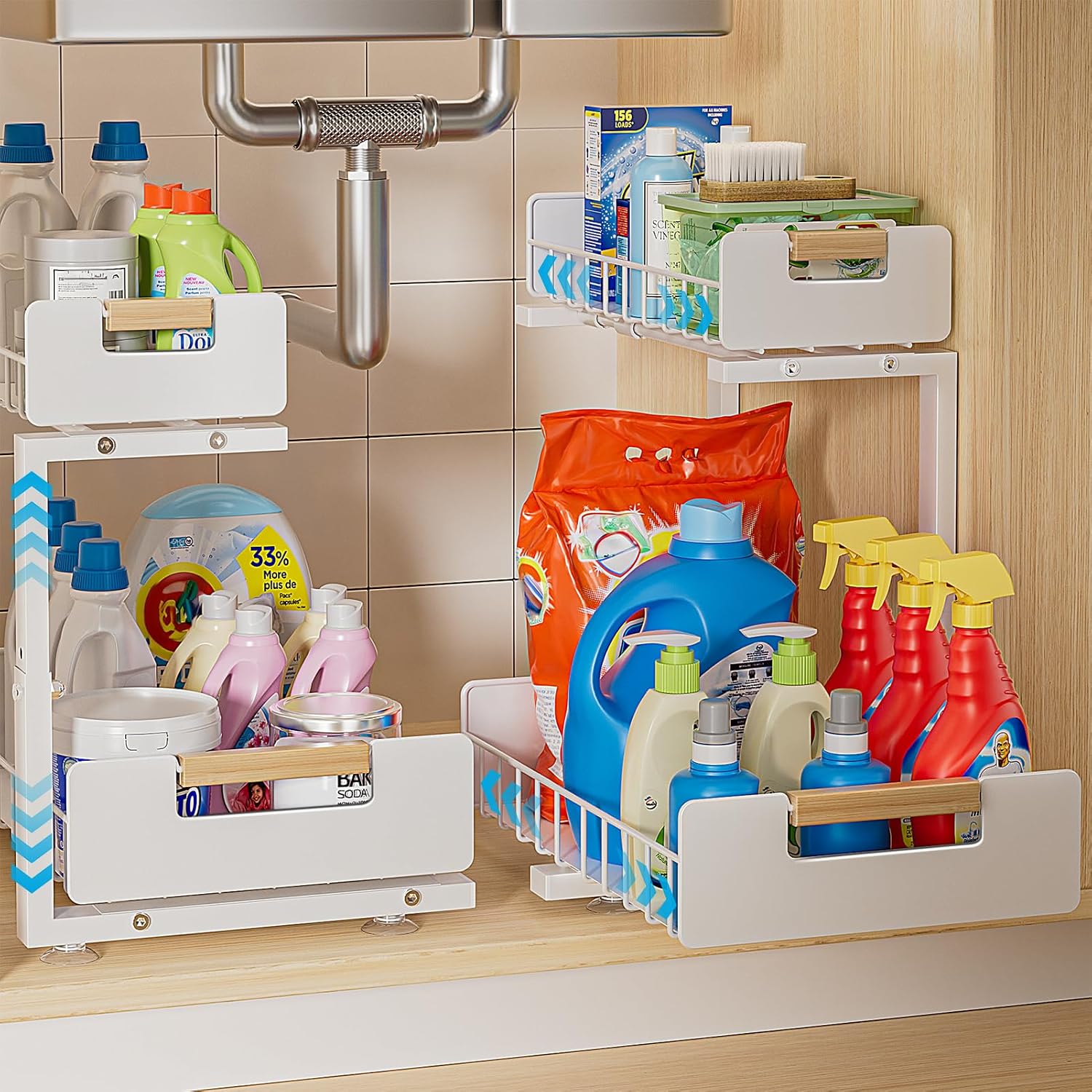 Delamu Under Sink Organizer Kitchen, 2-Tier Pull-Out Cabinet Shelf, 2-Pack | 2-Tier Smooth Slide, 5 Adjustable Heights, Anti-Tip Suction Cups
