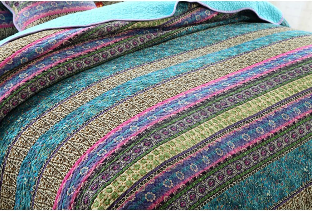 Striped Jacquard Style Cotton 3-Piece Patchwork Bedspread Quilt Sets, Queen Size
