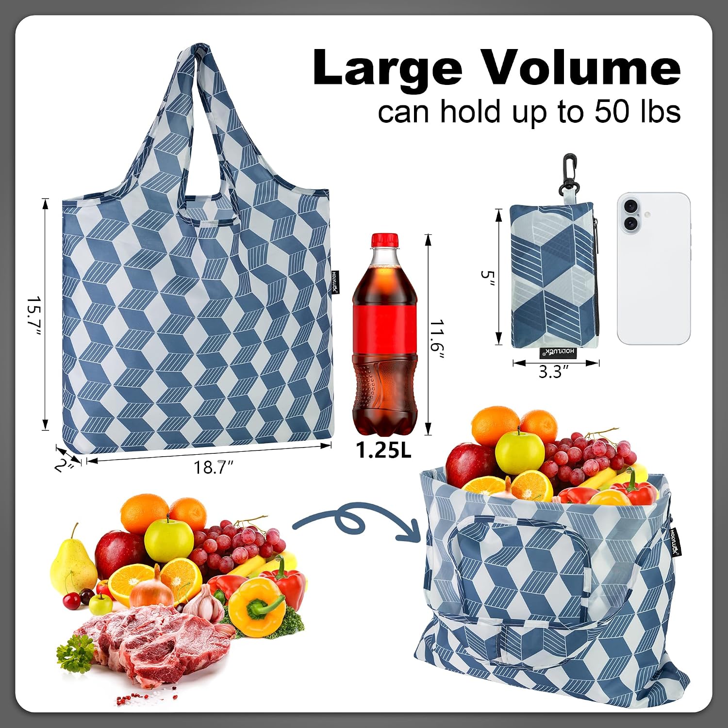 HOLYLUCK Reusable Grocery Bags,Heavy Duty Foldable Shopping Tote Bag (Standard, 3 Blue Geometric Flowers)