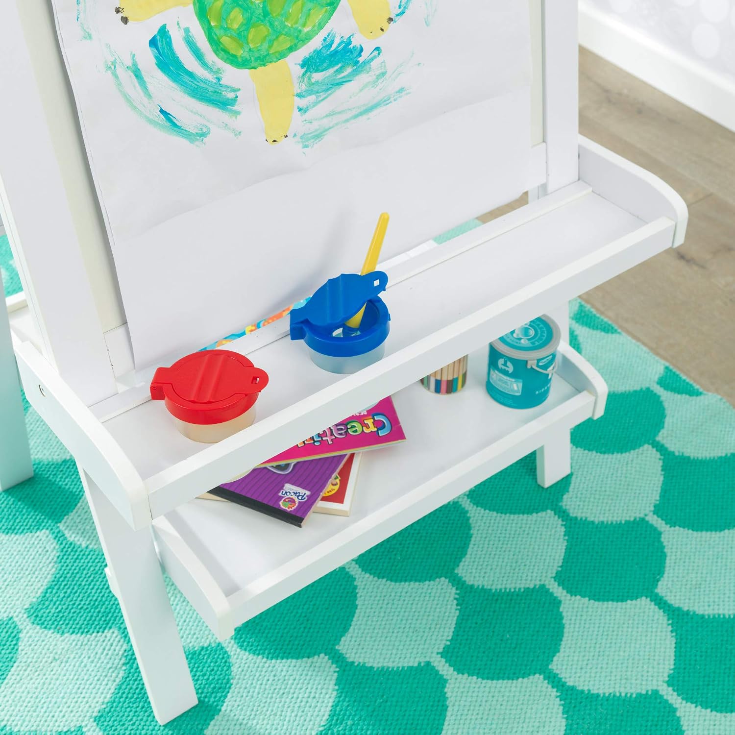 KidKraft Deluxe Wooden Easel with Chalkboard and Dry Erase Surfaces, Paper Roll and Paint Cups - White, Gift for Ages 3+