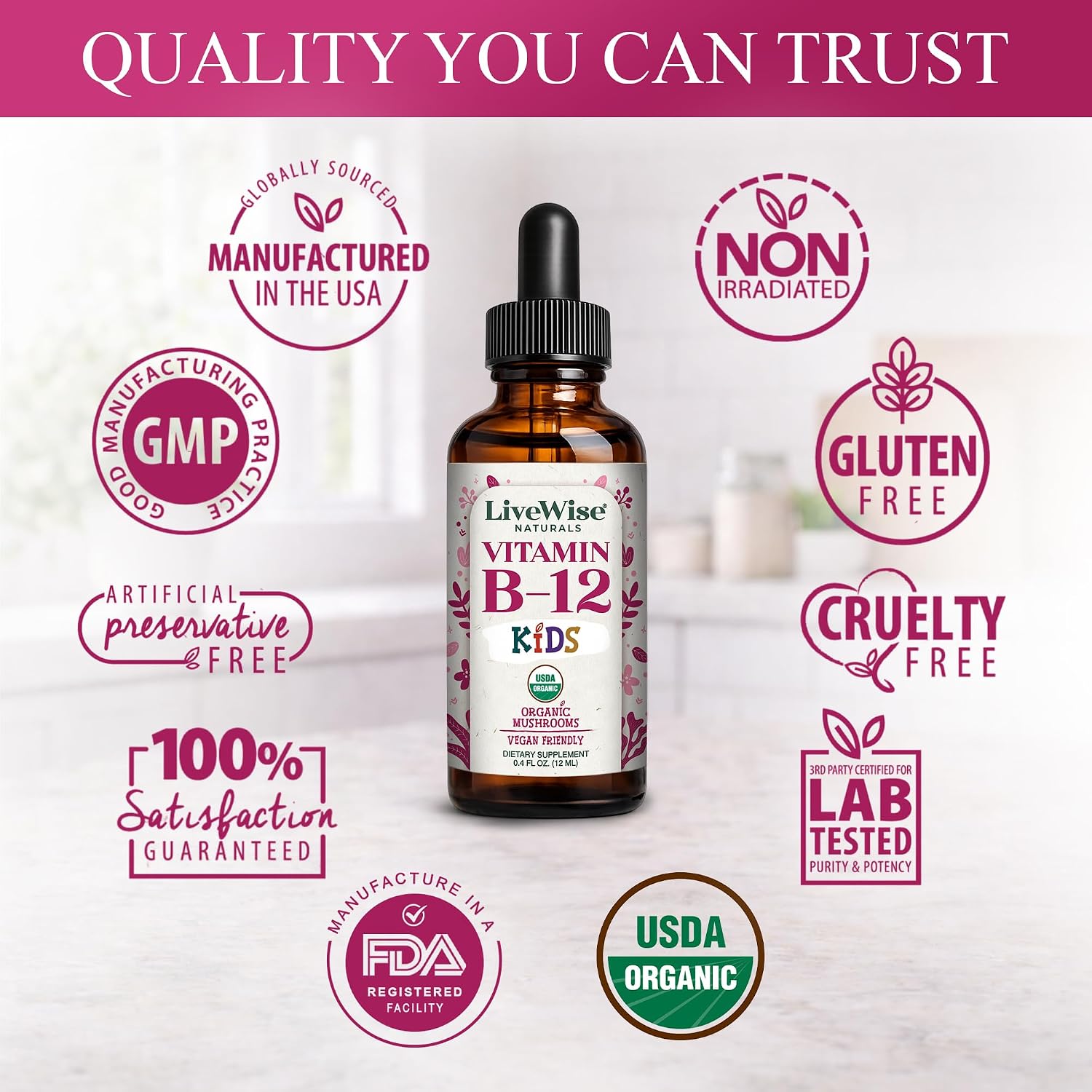 Organic Vitamin B12 1000 mcg Sublingual Liquid Drops, Unflavored, 2 oz | Methylcobalamin & Adenosylcobalamin, Bioactive Blend for Energy, Clarity & Focus, Vegan, Non-GMO, For Adults, 1 Year+ Supply