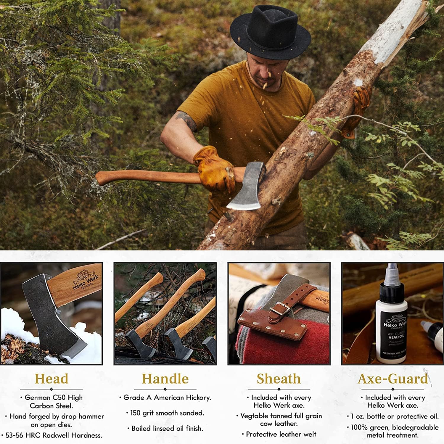 1844 Helko Werk Germany Traditional Hessen Woodworker Felling Axe (13563) | Made in Germany Hand Forged Felling Axe and Cutting Forest Axe for Felling Trees Head 2-3/4 lbs, Handle 28 inches