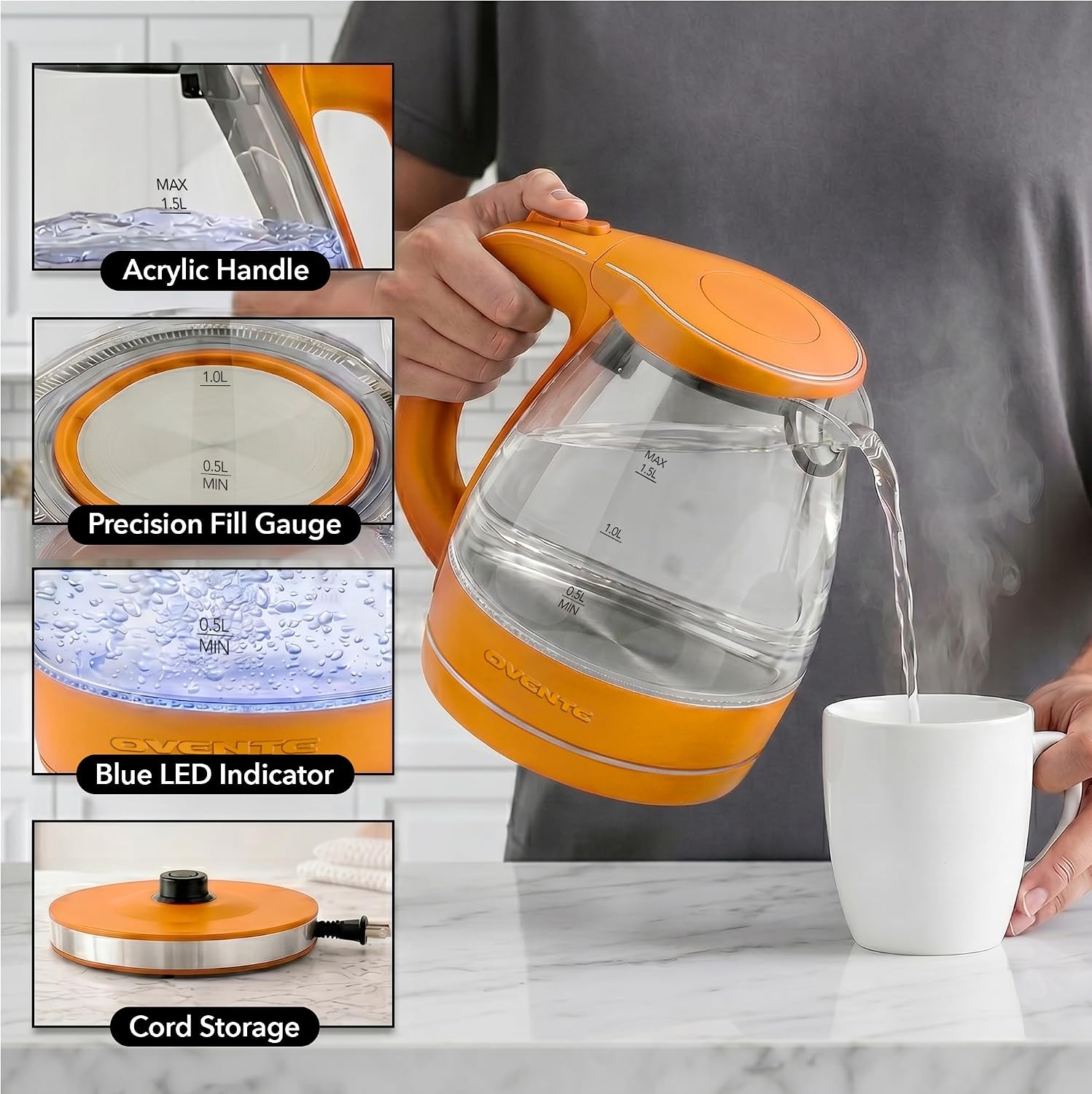 OVENTE 1.5L Glass Electric Kettle Water Boiler, Black KG83B | 1100W Fast Boiling, Borosilicate Glass, BPA-Free, Blue LED, Auto Shut-Off, Boil-Dry Protection, Removable Filter, 360° Base