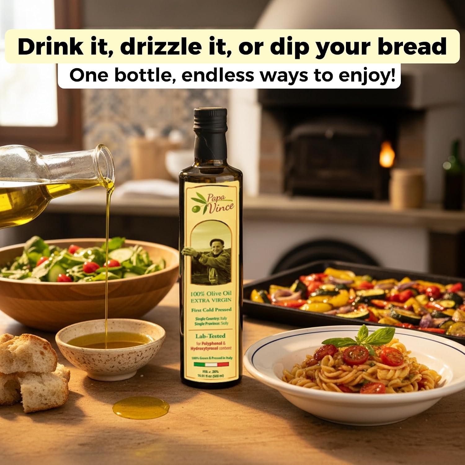 Papa Vince Hydroxytyrosol Lab-Verified Olive Oil - Drinking EVOO, Fresh Taste, High in Polyphenols, First Cold Press, Family Harvest, Sicily, Italy