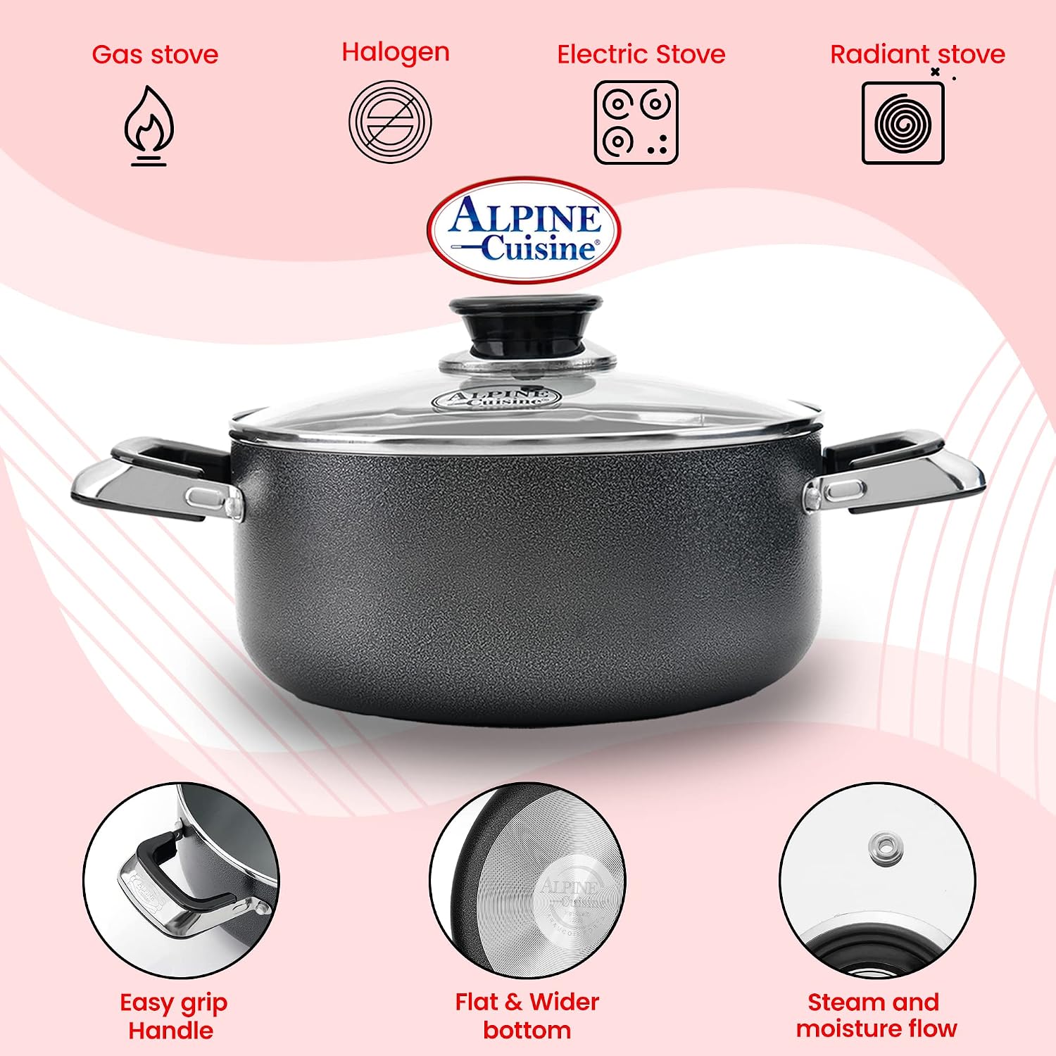 Alpine Cuisine 4 Quart Non-stick Stock Pot with Tempered Glass Lid and Carrying Handles, Multi-Purpose Cookware Aluminum Dutch Oven for Braising, Boiling, Stewing