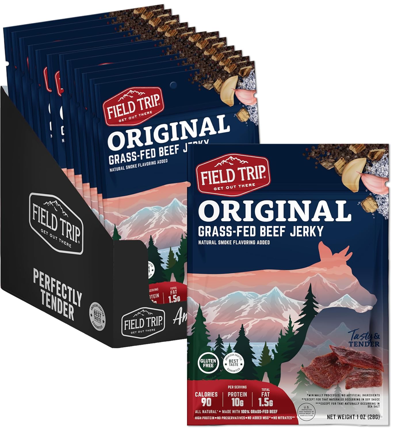 Field Trip Beef Jerky, Original, 1 Oz Bag, 12 Bags/carton | Grass Fed Beef Jerky, Healthy Gluten Free Snacks, All Natural, Paleo-Friendly Beef Jerky, High Protein, Low Carb, No Nitrates