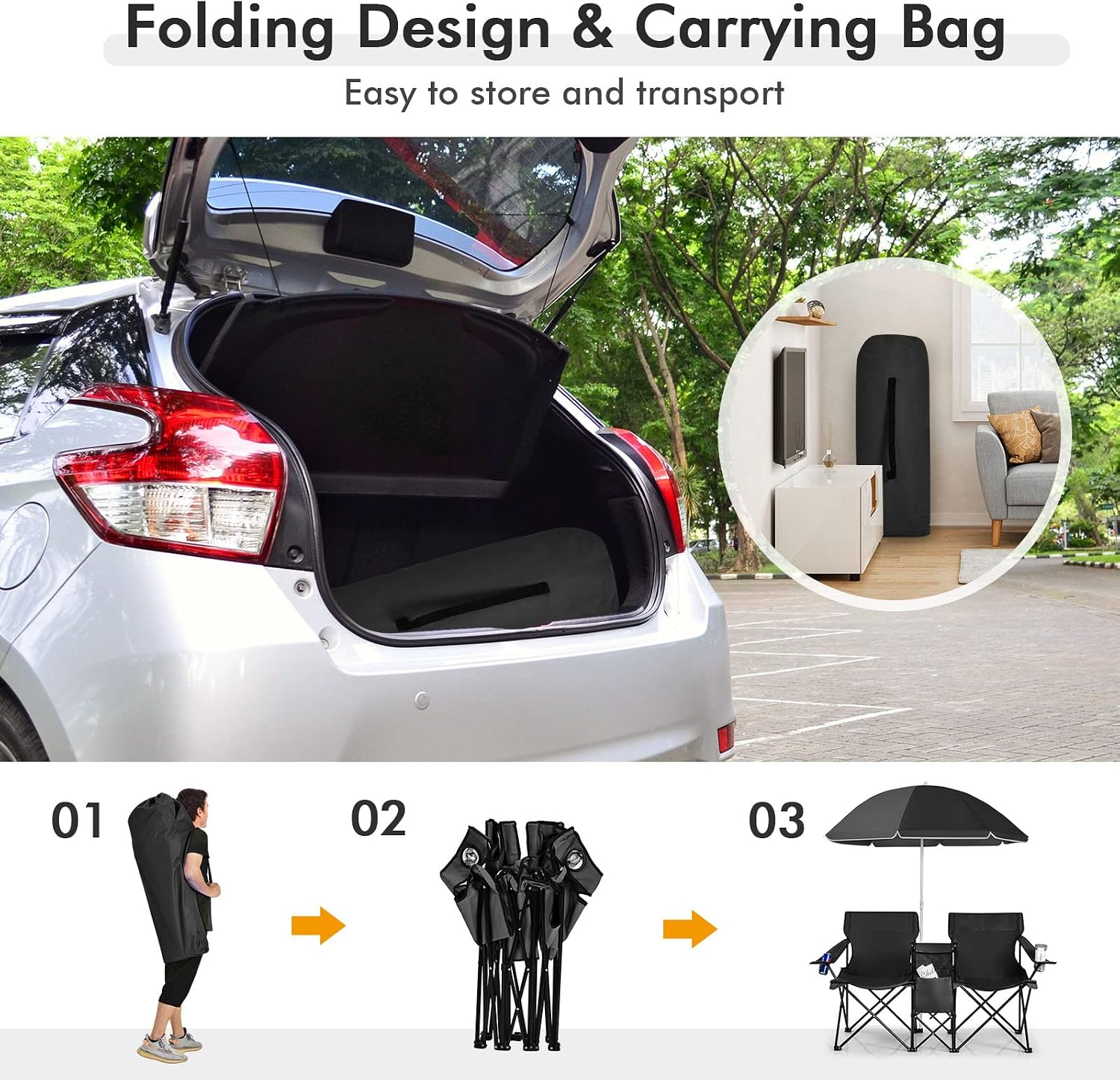 COSTWAY Double Portable Picnic Chairs, Folding Camping Chairs w/Detachable Umbrella, Cooler Bag, Cup Holders, Patio Beach Camping Chairs for Outdoors, Blue | Detachable Umbrella, Cooler Bag, Cup Holders, Patio Beach Camping Chairs for Outdoors, Blue