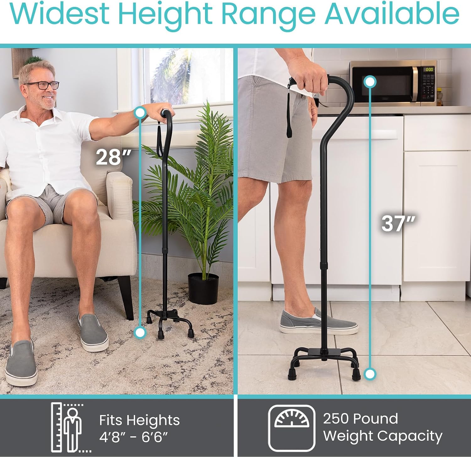 Vive Quad Cane - Walking Stick for Men and Women - Lightweight Adjustable Staff - Comfortable Right and Left Hand Grip for Stability Support - Four Prong Sturdy Aluminum Travel Aid - 4 Tip Blue | Senior 4 Prong Walking Stick for Stability & Balance- Righ…