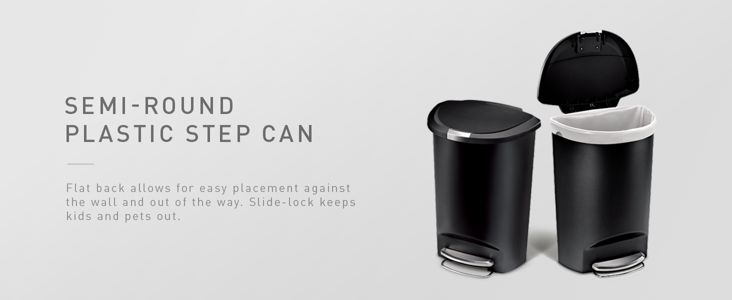 Semi-Round Plastic Step Can | Flat back allows for easy placement against the wall, out of the way