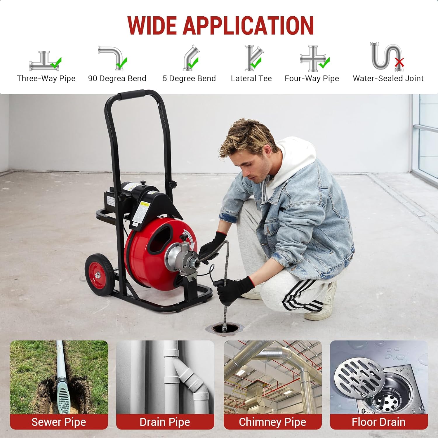 GarveeTech Auto Feed 100 ft x 3/8 in Drain Cleaner Machine with 370W Motor, Portable Sewer Snake Auger with 8 Cutters & Air-Activated Foot Switch